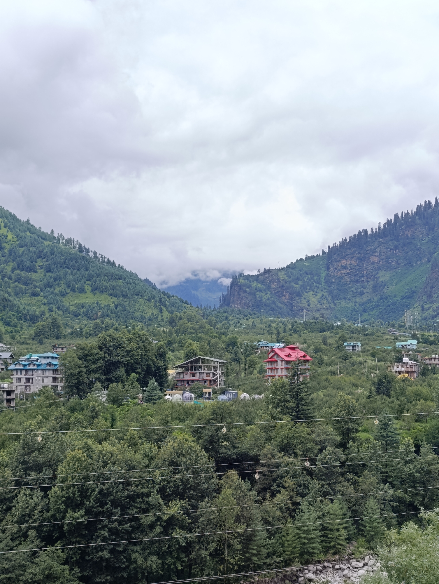 The image depicts a wide shot of a lush, mountainous landscape in Palchan, India. The scene is dominated by dense green foliage covering the rolling hills and mountains that recede into the distance. A cloudy sky with diffuse light hangs overhead. In the midground, several buildings are visible nestled among the trees. These structures appear to be residential or possibly small hotels, characterized by their multi-story designs and various roof colors, including blue and red. The architecture suggests a blend of modern construction with the natural environment. Power lines with insulators traverse the lower portion of the image, indicating the presence of infrastructure within this semi-rural or small town setting. The overall impression is one of a tranquil, scenic area characterized by natural beauty and human habitation integrated into the mountainous terrain. There are no people or animals visible in the frame.