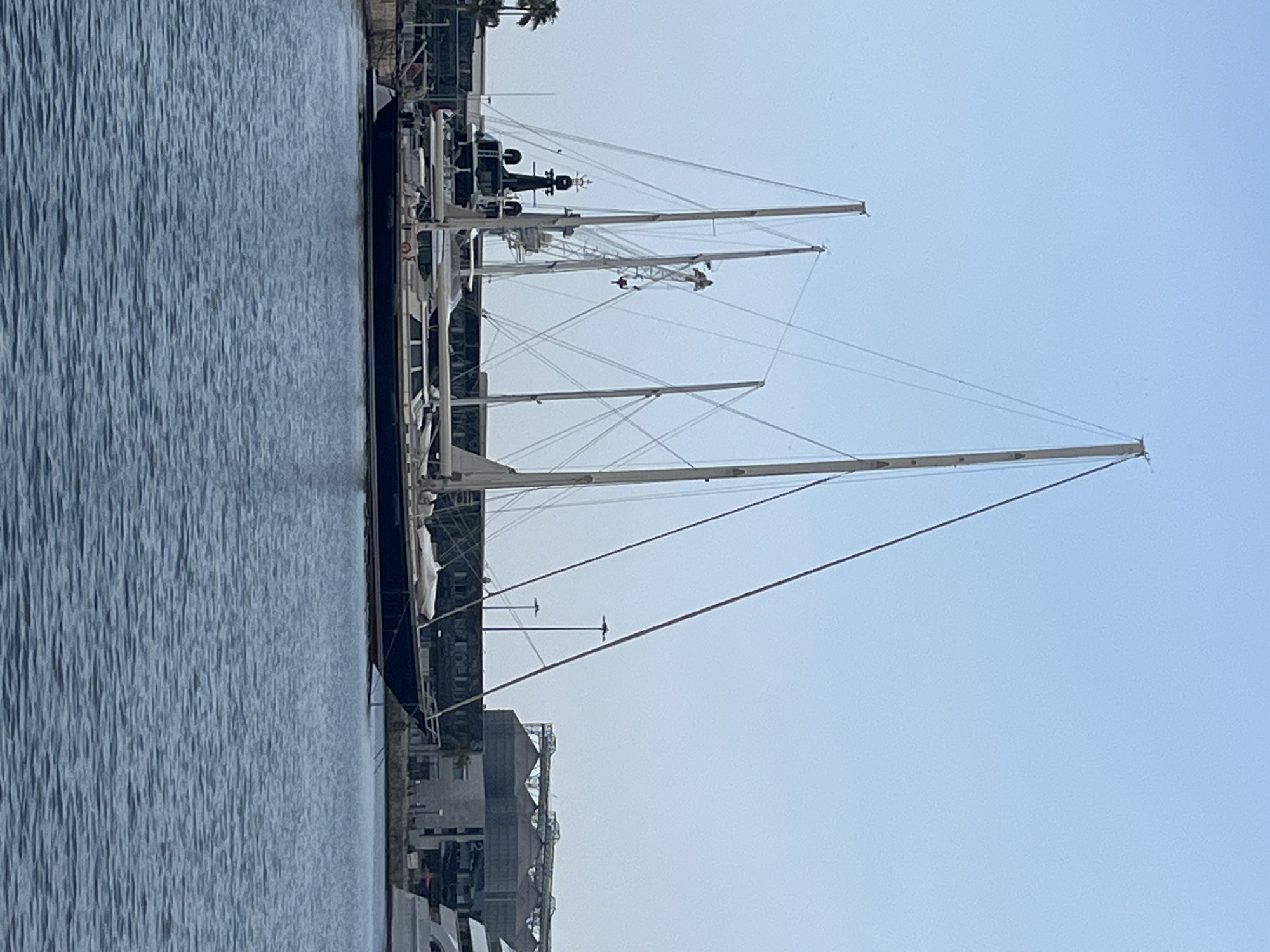 The image captures a serene maritime scene in the port of Tarragona, Spain, with a clear blue sky overhead. Dominating the foreground is a large, dark-hulled sailing yacht, its multiple masts reaching high into the sky, crisscrossed with rigging. The yacht is moored alongside other vessels, including a larger, dark ship behind it, also with prominent masts and a more industrial appearance. In the background, a modern industrial complex with large grain silos is visible, hinting at the commercial activity of the port. Palm trees line the shore in the mid-ground, adding a touch of tropical greenery to the urban port environment. The water is calm, reflecting the muted tones of the boats and the sky, with gentle ripples disturbing the surface. The scene appears tranquil, possibly during a calm day with little wind.