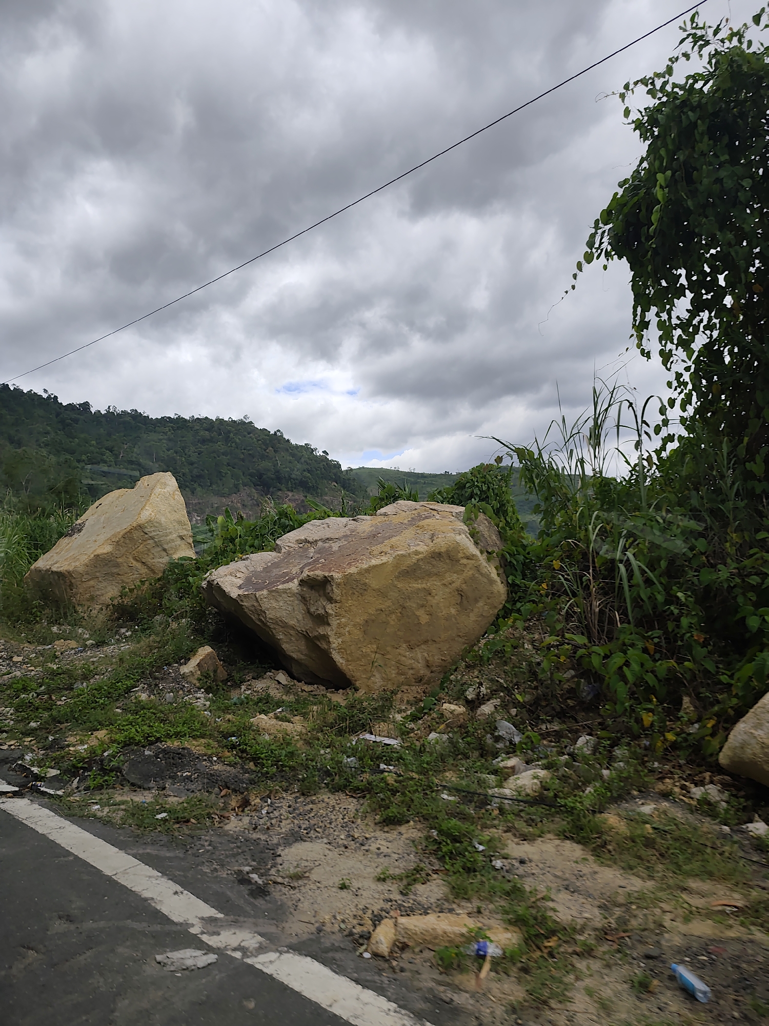 The image shows a landscape scene with large rocks, vegetation, and a cloudy sky. In the foreground, a road with a white stripe is visible on the left. Two large, light-colored boulders are positioned on the right side of the road, partially overgrown with green plants and grass. Behind the boulders, a lush green hillside covered in trees rises up. A dark power line stretches across the sky from the right side of the image, disappearing towards the left. The sky is filled with heavy, gray clouds, suggesting overcast weather. The overall impression is of a natural, possibly remote, outdoor environment.