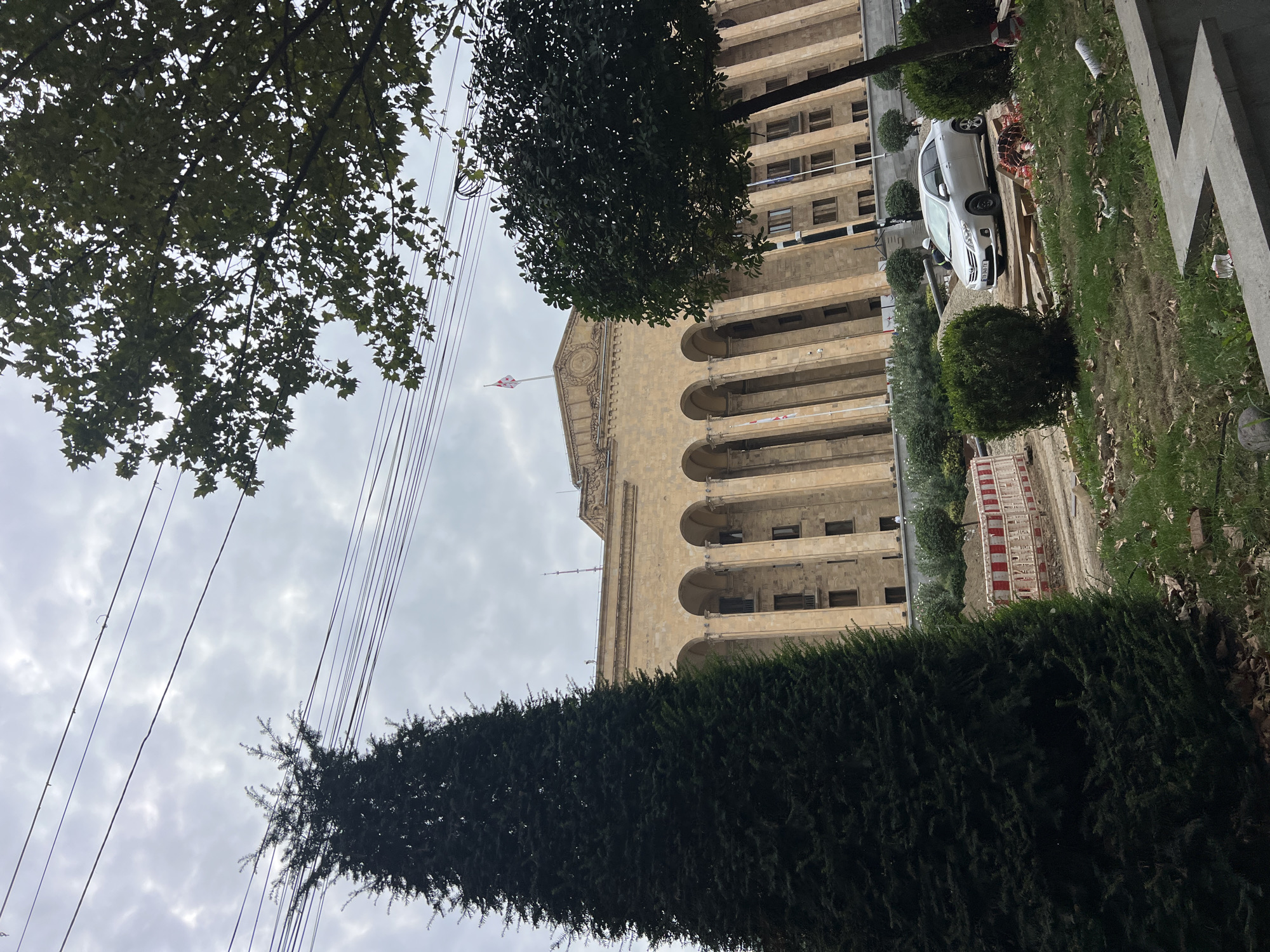 The image depicts the Parliament of Georgia building in Tbilisi, Georgia. The building, constructed of light-colored stone, features a long facade with a series of arched openings supported by columns. A Georgian flag flies from a flagpole on the roof. In the foreground, a large evergreen tree dominates the left side of the frame, while a smaller, leafy tree is visible on the right. A silver sedan is parked in front of the building, and construction barriers are present in the area between the road and the building. The sky is overcast, with visible power lines crossing the upper portion of the image. Green grass and scattered leaves cover the ground in the foreground, and a concrete structure runs along the bottom edge of the image.