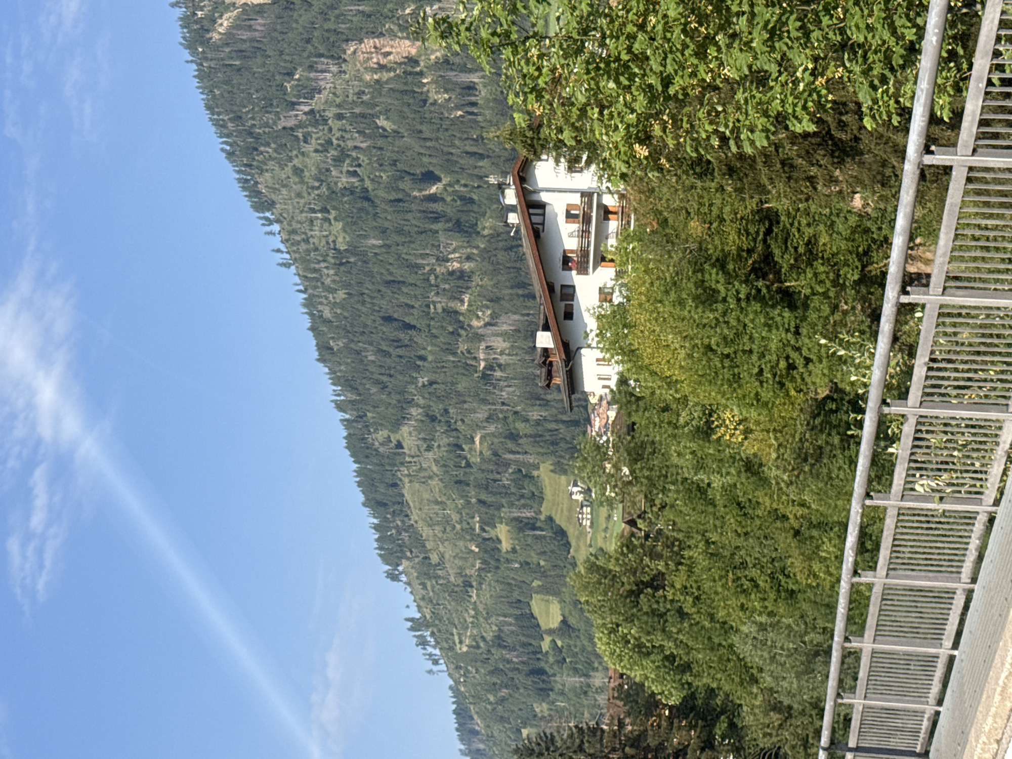A white multi-story building with a brown roof is situated on a green hillside covered with pine trees. The building has several windows and balconies. A metal railing runs along the bottom of the image, suggesting the viewpoint is from a bridge or elevated walkway. The sky is blue with a thin white cloud streak. The overall scene depicts a mountainous landscape with a building in a rural or semi-rural setting, likely within the municipality of Moena, Italy, given the architecture and mountainous terrain. There is one person visible on a balcony of the building.