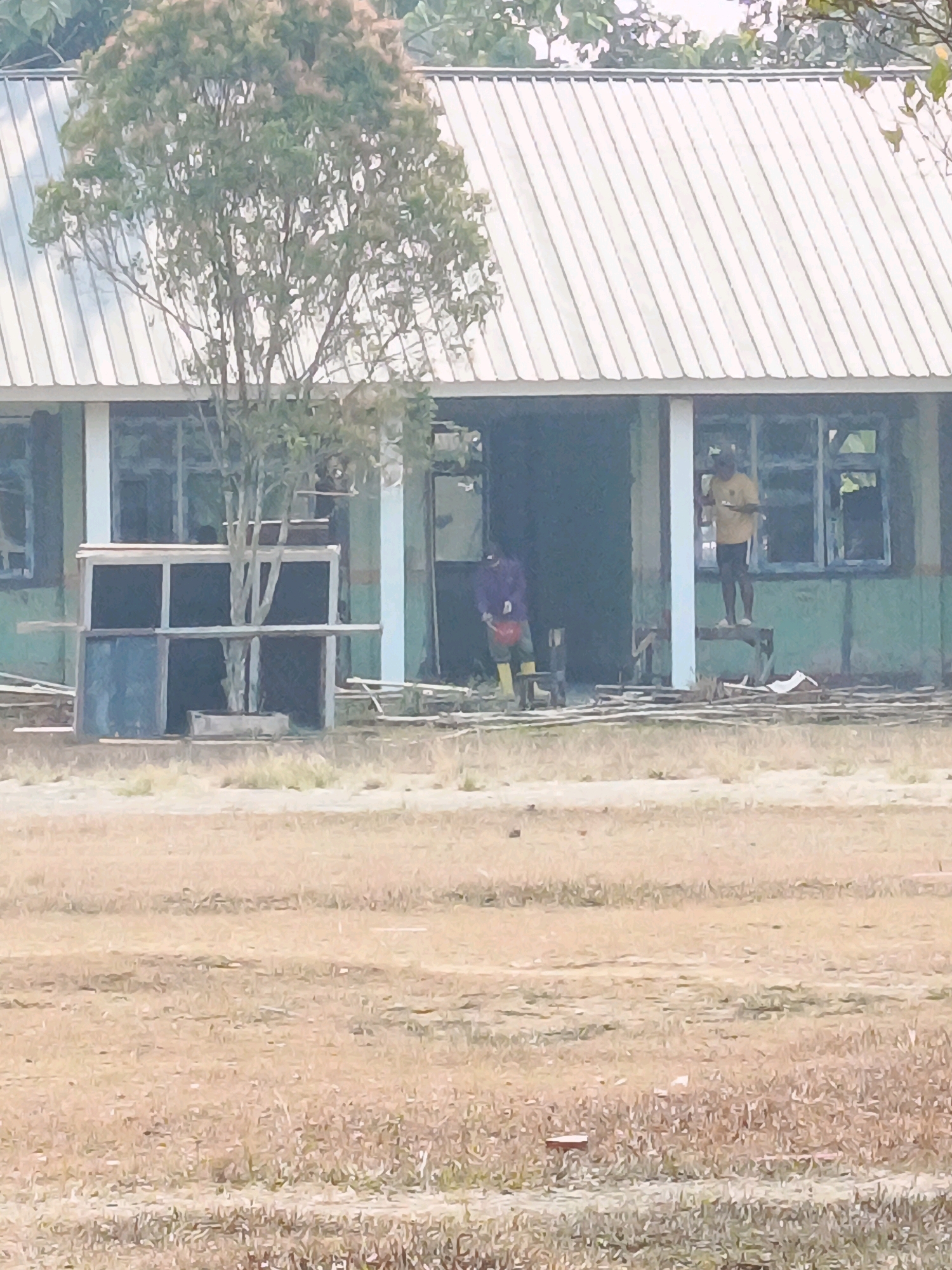 The image shows the exterior of a building with a corrugated metal roof. There are two men visible. One man, wearing a purple top and yellow boots, is standing near an open doorway. The other man, wearing a yellow t-shirt and dark shorts, is standing on a makeshift wooden platform near a window. There are construction materials, including planks of wood and what appears to be a large, open-sided structure containing a tree, in front of the building. The ground in front of the building is covered in dry grass and some scattered debris. The building appears to be located in a rural or semi-rural area, possibly Megang Sakti IV, Indonesia, given the dry, grassy environment and the style of the building.