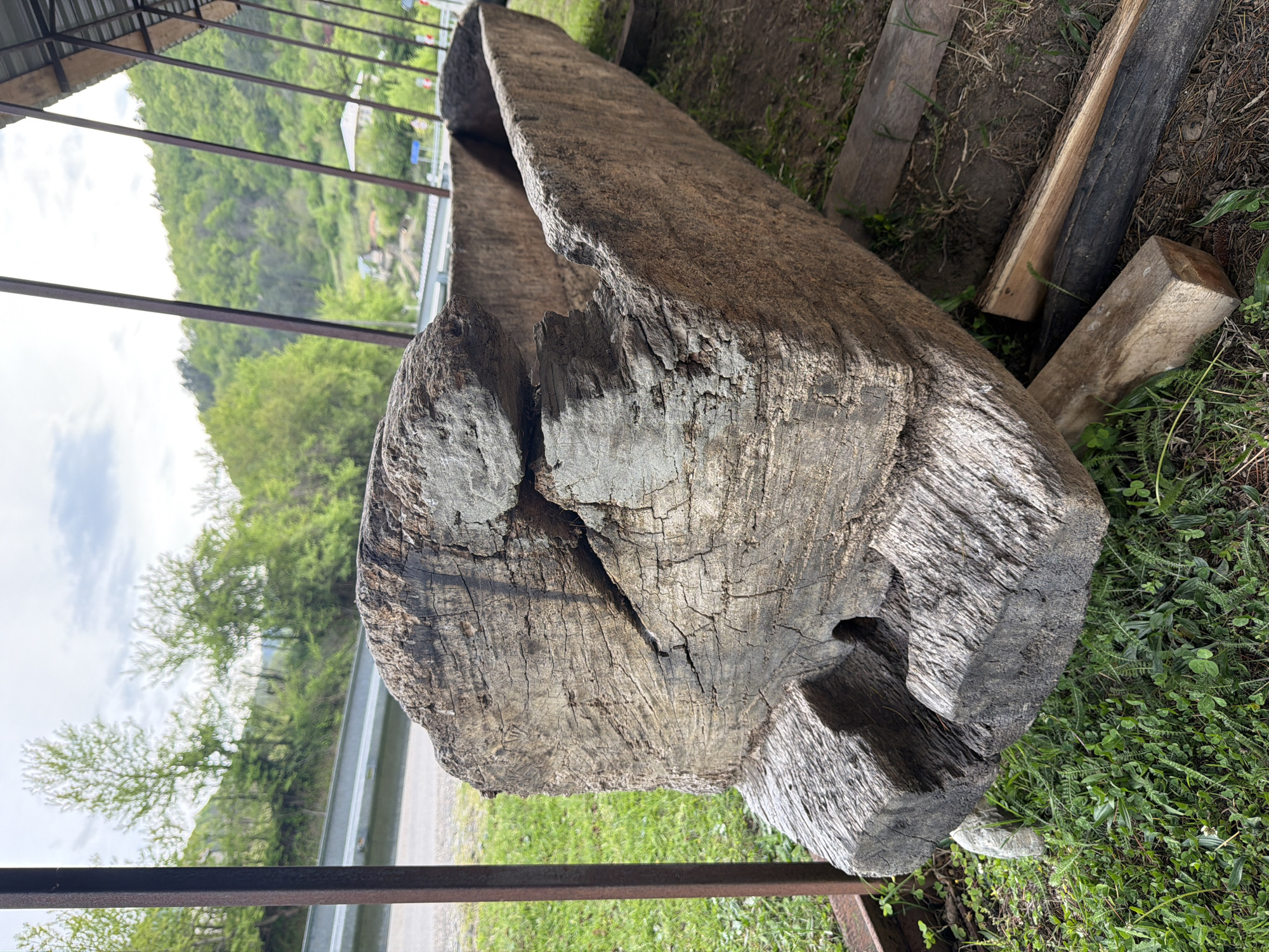 The image shows a large, hollowed-out log lying on the ground in an outdoor environment. The log is weathered and cracked, suggesting it has been exposed to the elements for some time. The surrounding area includes grass, other pieces of wood, and a metal railing. In the background, a landscape of trees and possibly buildings is visible. The image was taken in Makatubani, Georgia.