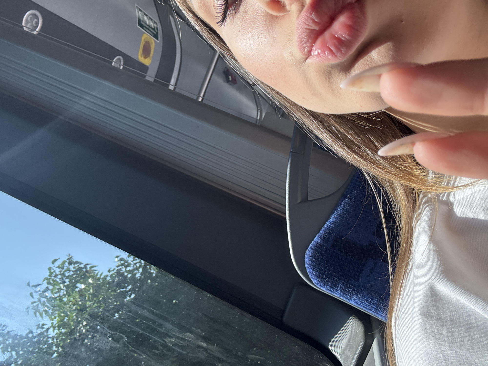 A medium shot shows a young woman on what appears to be public transportation, possibly a bus or train. She is in the foreground, with her face turned towards the camera, her lips pursed. Her right hand is held up in front of her face, with long, pointed fingernails visible. The interior of the vehicle is visible behind her, including a blue seat and the ribbed ceiling. Sunlight streams in through a window, casting a warm glow on her face. Outside the window, green trees are visible against a bright blue sky.