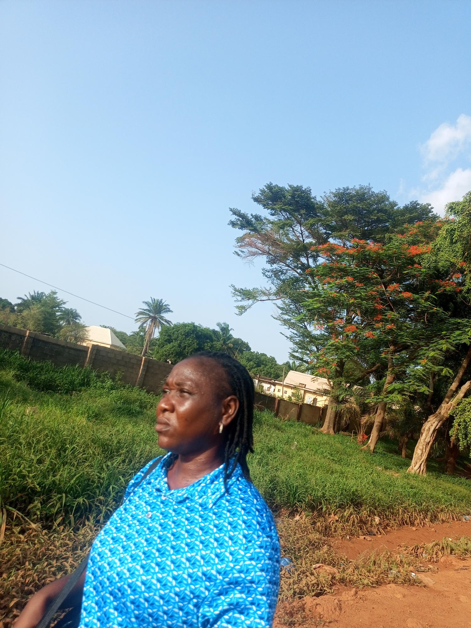The image shows a woman in Markurdi, Nigeria, wearing a blue patterned shirt. She has dark skin and braided hair. She is standing near a dirt path with green vegetation. In the background is a block wall and trees, some with orange flowers. There are buildings visible through the trees. The sky is blue with some clouds.