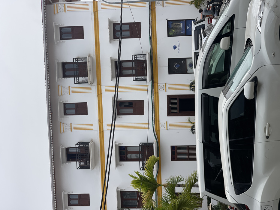 A white building with brown windows and yellow accents. Some windows have small balconies. Two vertical black wires run down the building's face. White vehicles obstruct the right side, their windows tinted dark. A small palm tree sits at the base of the building. The building's upper windows display "Tanzanite" text.