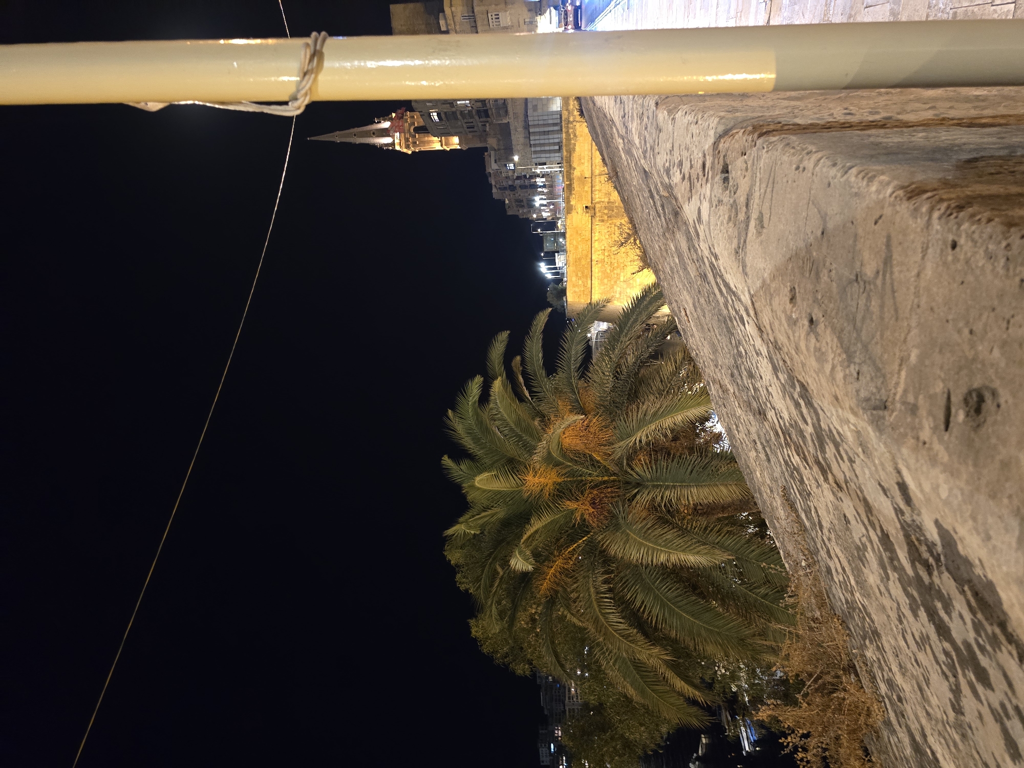 The image depicts an outdoor night scene in Valletta, Malta. In the foreground, a textured stone wall runs diagonally across the frame, partially obscuring a pale yellow lamppost to the right, which is secured by a thick rope. Behind the wall and to the left, a large palm tree with dense fronds and some yellowish fruit clusters is visible against a dark night sky. In the mid-ground, a fortified wall glows with warm artificial light, and beyond it, a city skyline with numerous illuminated buildings and streetlights stretches out. A prominent church spire, lit from below, stands out against the dark sky. The overall impression is of a historic urban landscape at night.