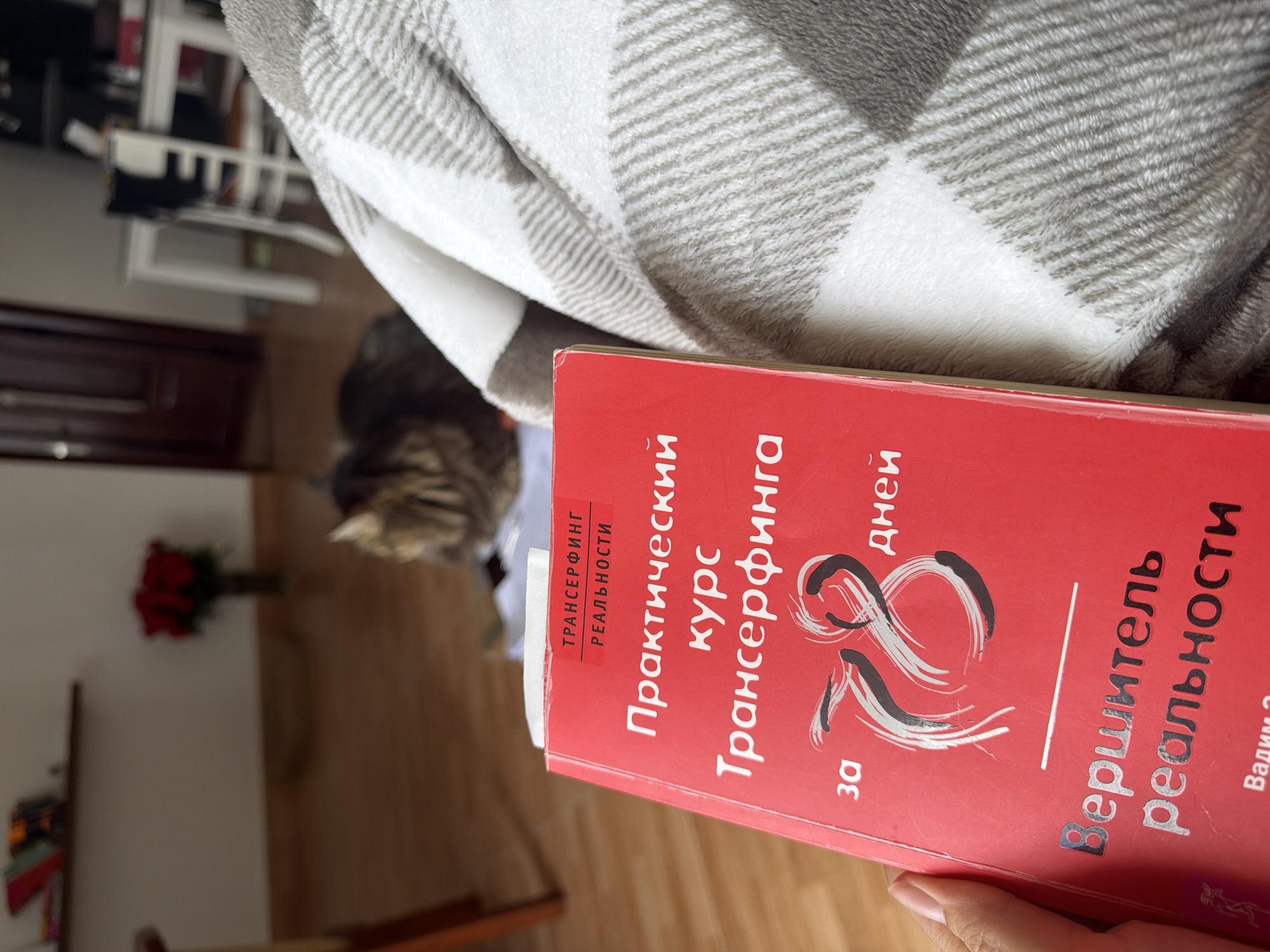 A person's hand holds an open red book with Russian text. The book's title appears to be "Практический курс Трансерфинга" which translates to "Practical Course of Transurfing". The book also features the number "78" prominently displayed in a stylized font. The person is wrapped in a grey and white checkered blanket. In the background, a cat is visible, and a bouquet of red roses in a vase is on a wooden floor. A shelf with books is mounted on the wall. The scene is indoors, in what appears to be a domestic setting. There are no visual cues to suggest this image was taken in Lâm Viên - Đà Lạt, Vietnam.