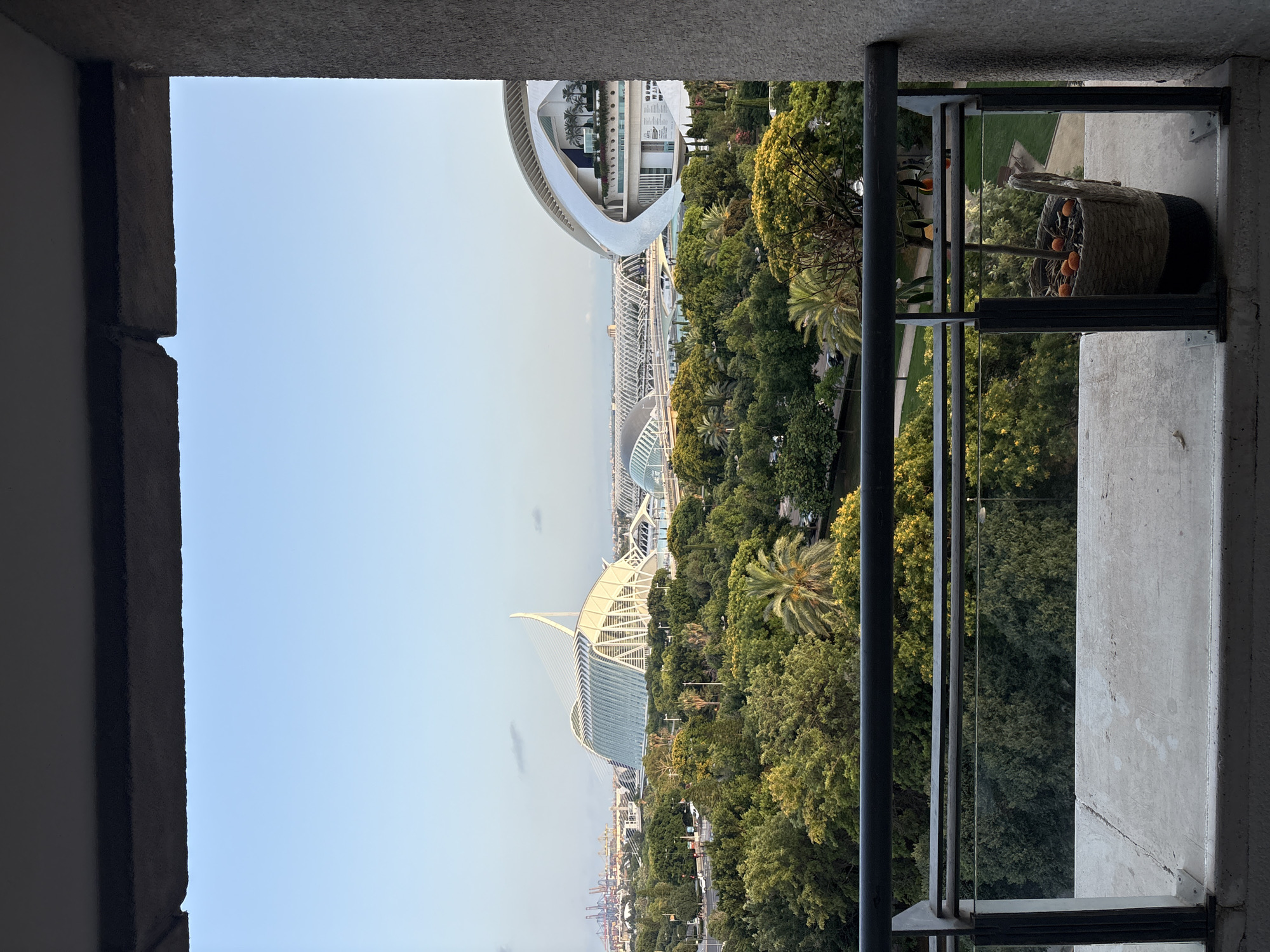 The image shows a view from a balcony in Valencia, Spain, overlooking the City of Arts and Sciences. The foreground features a concrete balcony floor with a metal railing, some of which is obscured by a rough concrete wall on the right. In the lower right corner of the balcony, there is a woven basket containing a small potted tree and several orange fruits. Beyond the balcony railing, a lush green park area is visible, dotted with various trees, including palm trees. In the middle ground, the distinctive architectural structures of the City of Arts and Sciences are prominent. The most noticeable are the Palau de les Arts Reina Sofía with its sail-like roof and the L'Hemisfèric with its eye-shaped design. In the background, more of the complex's futuristic architecture can be seen, along with port cranes and a hazy sky. The overall scene depicts a vibrant urban landscape with a strong emphasis on modern architecture and green spaces.