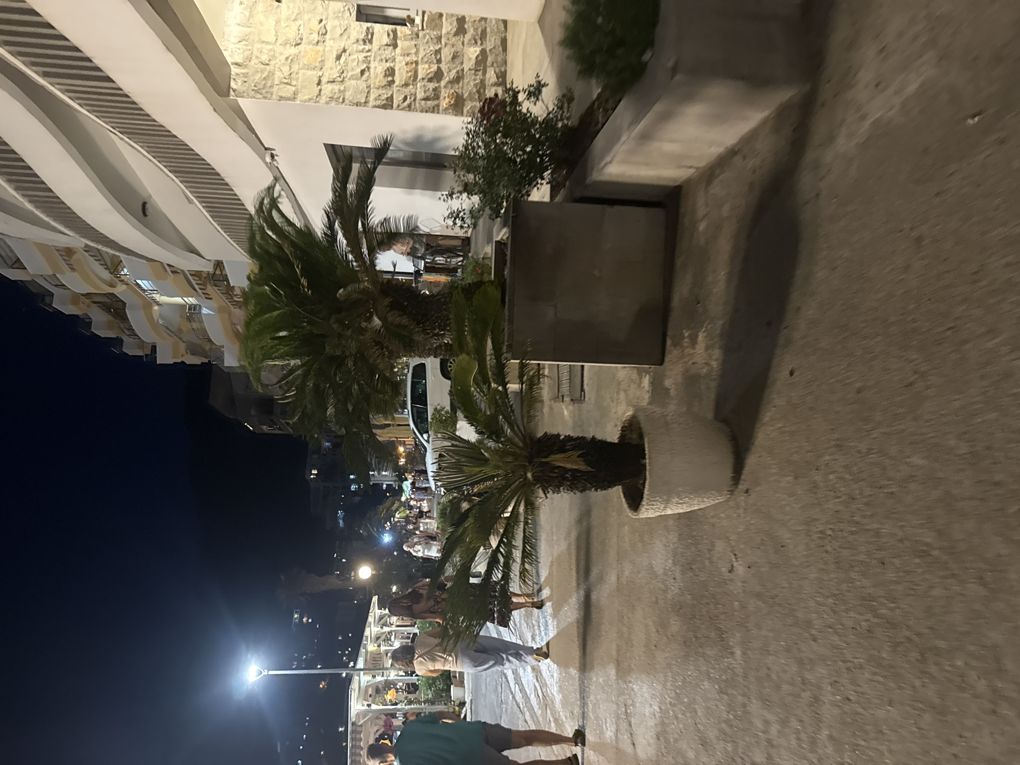 The image depicts a nighttime scene on a promenade in Bečići, Montenegro. Several people are walking along the paved walkway. To the left, a man in a green shirt and shorts is walking away from the camera. Further down the walkway, two women are walking, one in light blue pants and the other in a floral dress. In the foreground, a potted palm tree is visible. Behind the people, there are buildings, including a multi-story structure with balconies and a stone-clad wall. A white car is parked on the side of the road. Streetlights illuminate the area, casting shadows on the ground. The overall atmosphere suggests a lively evening on the promenade.