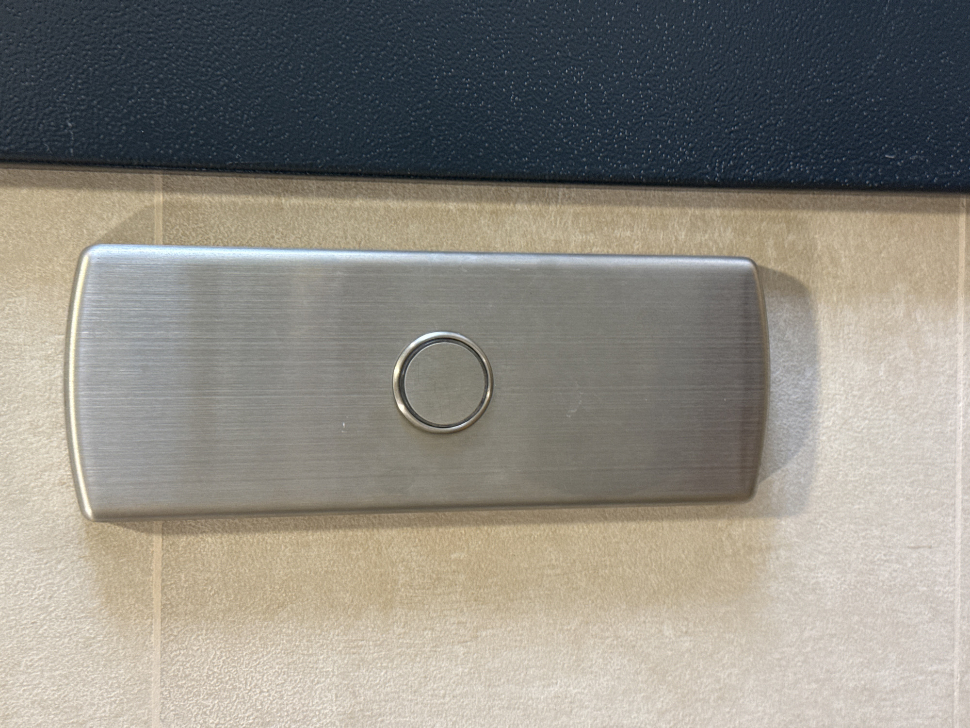 A close-up, eye-level shot shows a metallic push-button or call button mounted on a textured, light-colored wall. The button is rectangular with rounded top and bottom edges and has a circular indentation in the center, likely for the button itself or a sensor. To the right of the button, a dark, textured surface, possibly a door or wall panel, is visible. The lighting suggests an indoor environment, casting a subtle shadow to the left of the button on the wall. The specific location in Lyubertsy, Russia, is not discernible from the image itself.