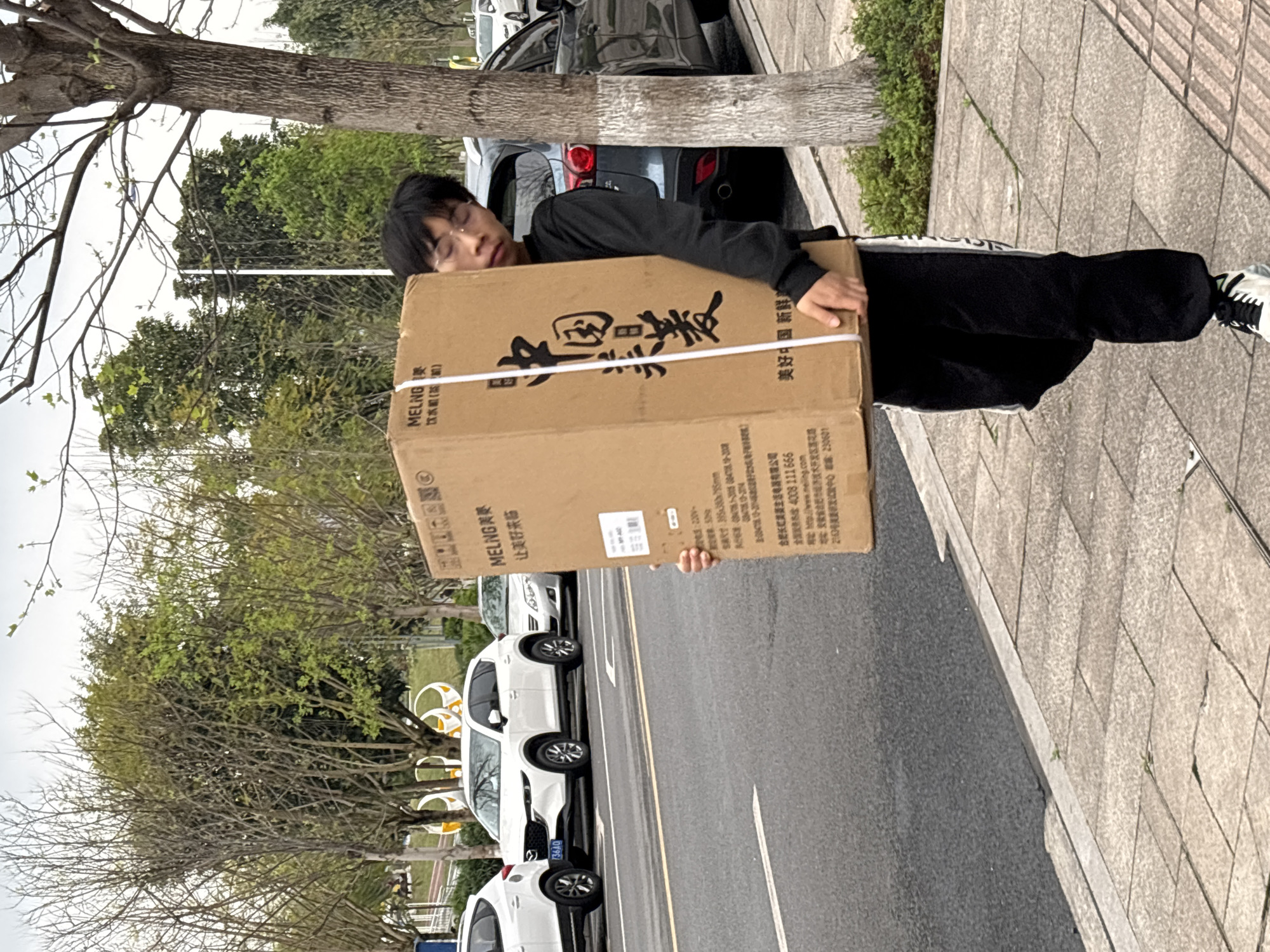 An outdoor scene in Jiangjin, China, depicts a young male carrying a large cardboard box on a paved sidewalk. The individual wears a black long-sleeved shirt, black sweatpants with a white stripe on the left leg, and white and black athletic shoes. His face is partially obscured by the box, which he holds with both hands against his chest. The light brown box is secured with white strapping and features Chinese characters including "MELING 美菱" (Meiling), "中国美菱" (China Meiling) vertically, and product specifications, indicating it contains a household appliance. To the left of the person, a multi-lane asphalt road runs parallel to the sidewalk, populated by parked vehicles including a white Mazda CX-5 with the license plate "736A0" and a dark gray Mazda CX-5. Numerous deciduous trees with emerging light green foliage line both the sidewalk and a grassy median separating the road from a recreational area in the background, which features white and yellow pod-like seating structures and a red pedestrian bridge. The sky is overcast.