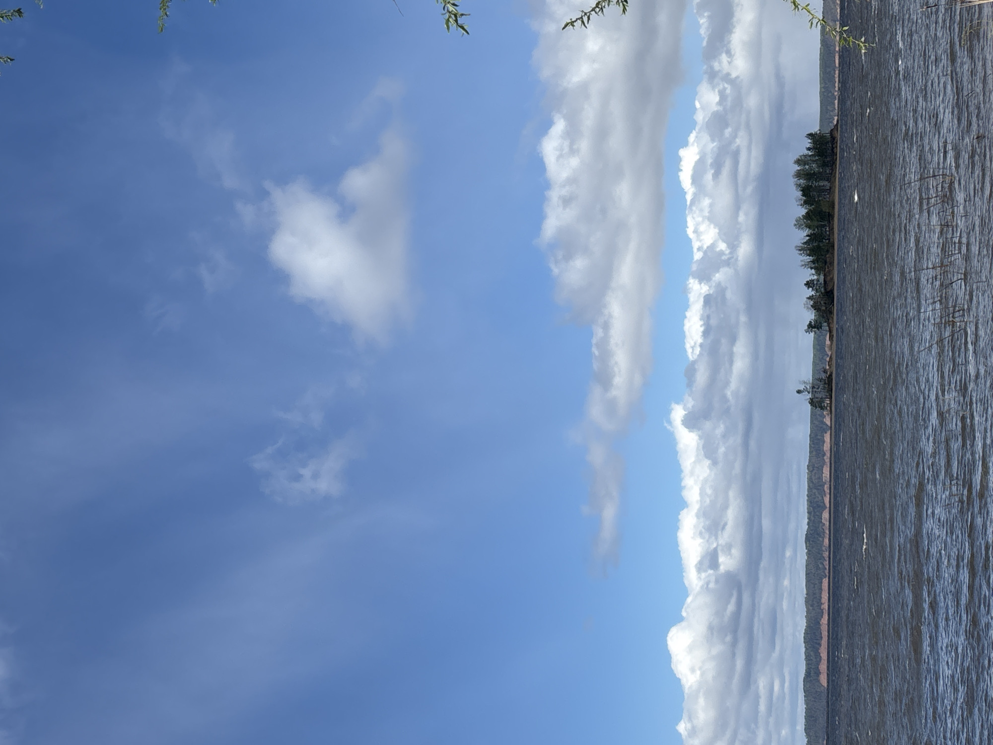The image depicts a body of water adjacent to a shoreline with trees. The sky is partially cloudy, with a clear blue section. The body of water appears to be a lake, and the shoreline consists of a vegetation and trees. The exact location in Vekoshinka, Russia, is not discernible from the image. No people are visible.