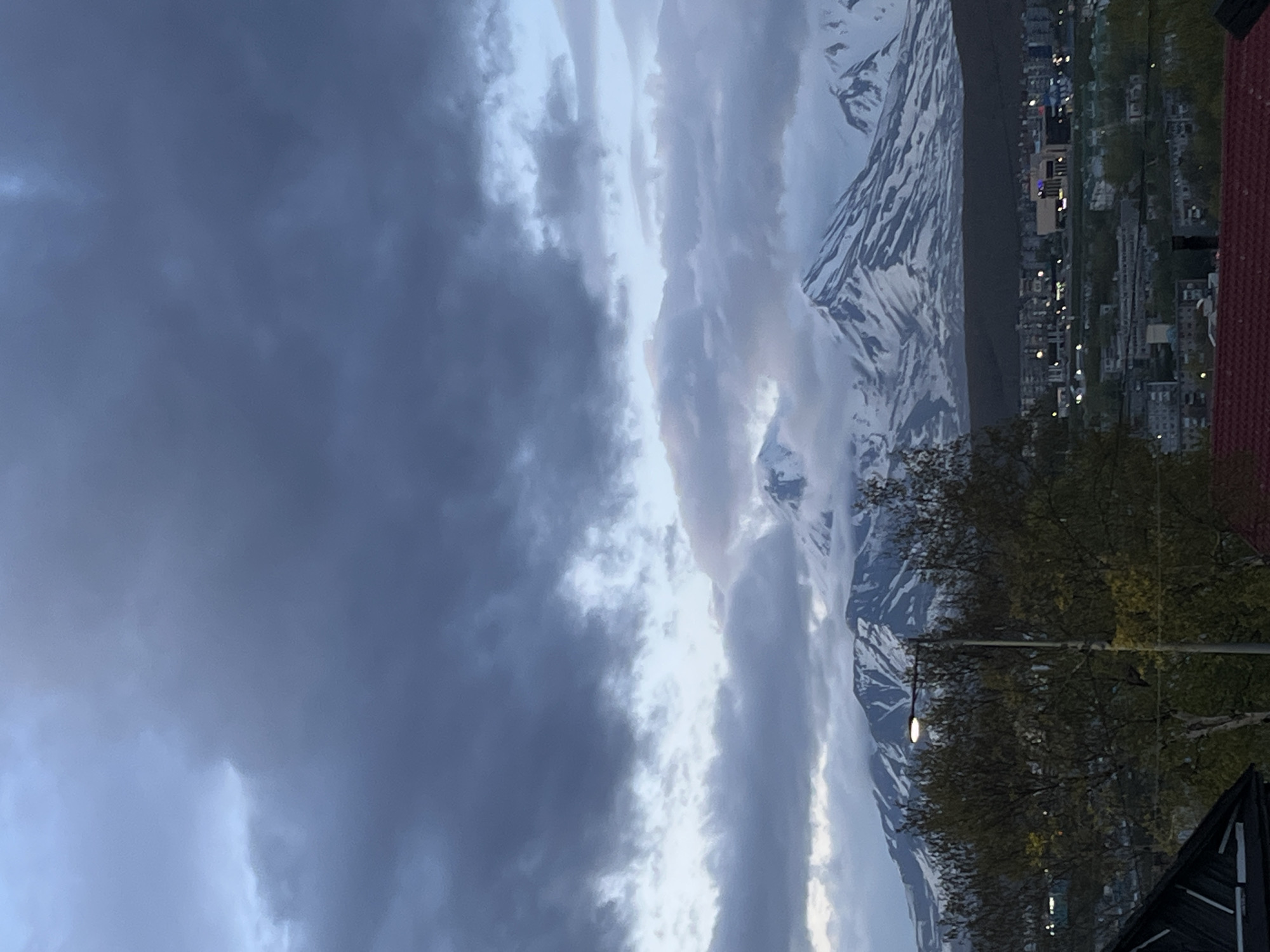 The image shows a panoramic view of Petropavlovsk-Kamchatsky, Russia, with the distinctive snow-capped volcanoes of the Kamchatka Peninsula in the background. The sky is filled with dramatic, dark clouds, suggesting either an approaching storm or the aftermath of one. In the midground, a town or city is visible, with buildings and trees. A street lamp stands prominently in the foreground, illuminating a section of the trees. The overall mood is somber and majestic, dominated by the imposing natural landscape.