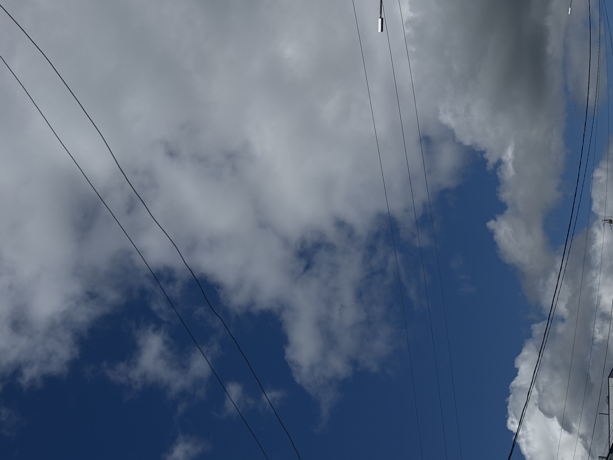 The image displays a sky filled with a mixture of clouds and crisscrossing utility lines. The primary subjects are the expansive blue sky, various cloud formations, and overhead power or communication lines.
The sky is a vibrant blue, particularly prominent in the central and lower-right portions of the frame. Scattered across the sky are clouds of differing characteristics. On the left and central areas, lighter, whiter, and more diffuse clouds are visible, suggesting bright daylight. Towards the right side of the image, the clouds appear denser and darker grey, forming a larger, more solid mass.
Multiple dark, thin utility lines stretch across the scene, cutting diagonally from the lower left to the upper right and from the upper left to the lower right. These lines are a prominent feature, creating a graphic element against the sky. On the far right edge of the image, a few metallic, rectangular components are visible, suspended from or attached to some of these lines, likely parts of an insulator or distribution hardware.
The image captures a daytime scene, indicated by the bright illumination of the clouds and the clear blue sky. There are no people visible, and no specific activity or event is taking place, presenting a static view of overhead infrastructure against the sky. No visible text is present in the image. The provided location context for this media file is Krasnye Baki, Russia.