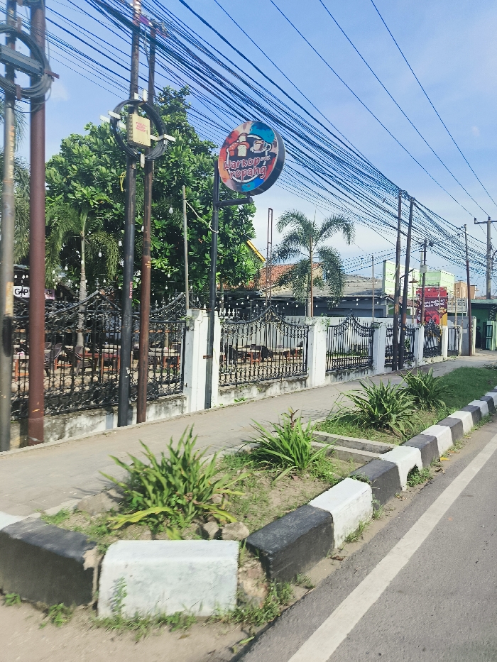 The image shows a sidewalk in Purwakarta, Indonesia, at coordinates -6.552, 107.437, with a black and white striped curb bordering a paved road. The sidewalk is lined with small, lush green plants and a black metal fence separates the sidewalk from a cafe on the left side of the image. The cafe is partially visible through the fence, showing a small wooden sign with the text "Warung Kopang" in red and white letters. Several power lines and electric poles run parallel to the road. The sky is clear and blue, and a large tree with green leaves fills the left side of the image. In the distance, another building with red and white letters is visible, although the text is not legible.