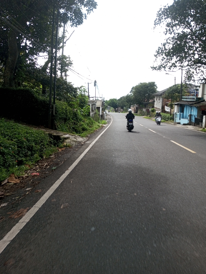 The image depicts a straight paved road segment in Domphoog_Dungkarchhoeling, Bhutan, under an overcast sky. The road features a solid white line marking the left shoulder and a dashed yellow line separating lanes further ahead. On the left, a dense, dark green vegetated embankment rises, populated with trees and bushes, and traversed by multiple utility poles with overhead lines. On the right side, further down the road, several low-rise buildings are visible, including one with a distinct light blue facade, interspersed with trees and additional utility infrastructure. Two individuals are operating motorcycles on the road, traveling away from the camera. The lead motorcycle, dark-colored, is positioned centrally with its rider wearing a dark jacket and a light helmet. A second, lighter-colored motorcycle follows further behind on the right, also with a helmeted rider. The overall scene suggests a semi-urban or rural roadside environment.