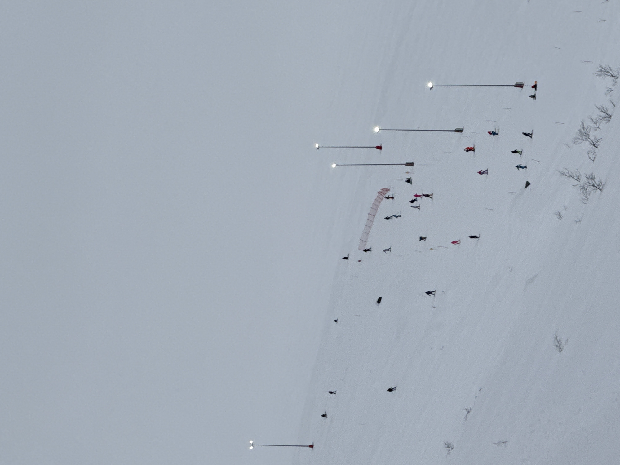 A wide, elevated view depicts a snow-covered ski slope in Kirovsk, Russia, under a uniformly light gray, overcast sky. Approximately 30 individuals, primarily rendered as dark silhouettes, are scattered across the mid-to-lower sections of the slope. Most are engaged in skiing or snowboarding, moving downhill, while a few are observed resting or sitting on the snow. Some individuals wear brightly colored attire, including red, pink, and blue jackets. Six tall, slender light poles, each with a bright, circular light fixture and a red base, are positioned across the slope, providing artificial illumination. A segment of red safety netting delineates a section in the upper-right area of the slope. Sparse, leafless, dark-branched vegetation protrudes through the snow in the lower foreground and scattered further up the slope. Visible ski and snowboard tracks mark the otherwise smooth snow surface.