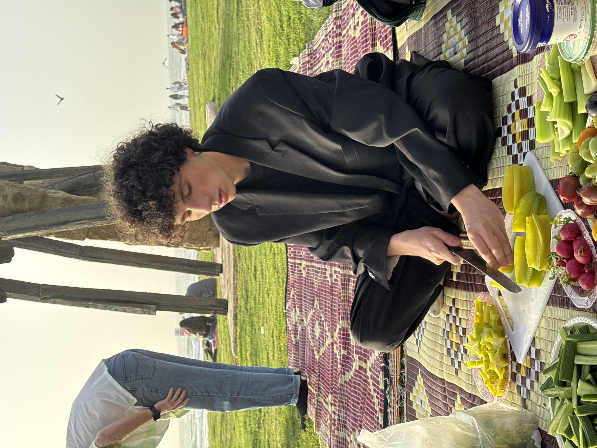 A young, fair-skinned person with curly hair, dressed in a black blazer and pants, kneels on a patterned mat, cutting star fruit with a knife. Beside them are plates of sliced cucumbers, celery, and radishes. A container of dip is also visible. In the background, a person in jeans and a white shirt bends over, and other people are visible on the grass near the beach. The scene appears to be taking place near the coast. It is not possible to confirm the exact location.