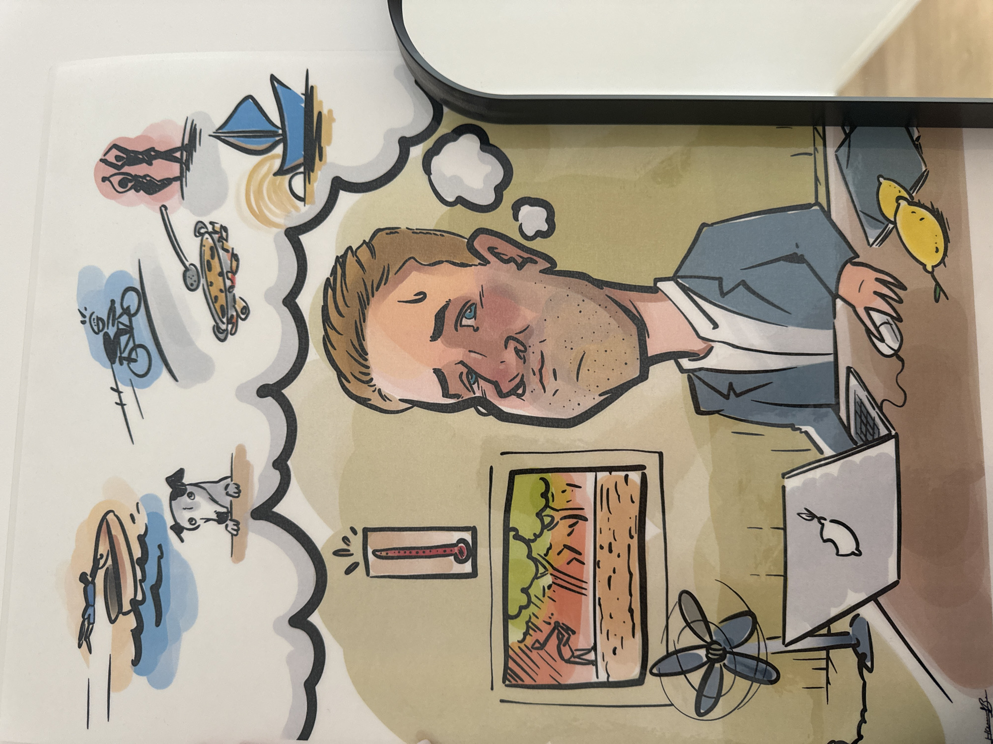 The image is a cartoon illustration depicting a man sitting at a desk in front of a laptop. He appears to be contemplating or daydreaming, as indicated by thought bubbles above his head containing various activities: swimming, sailing, skateboarding, and cycling. He is wearing a blue jacket and a white shirt. Next to him on the desk are two lemons and a mouse. In the background, a fan is blowing, and a thermometer shows a high temperature, suggesting a hot environment. A window shows a glimpse of trees and a sunset, hinting at a warm evening. The overall scene conveys a sense of longing for outdoor activities and relaxation during a presumably hot day. The style is whimsical and colorful, with bold black outlines and flat washes of color.