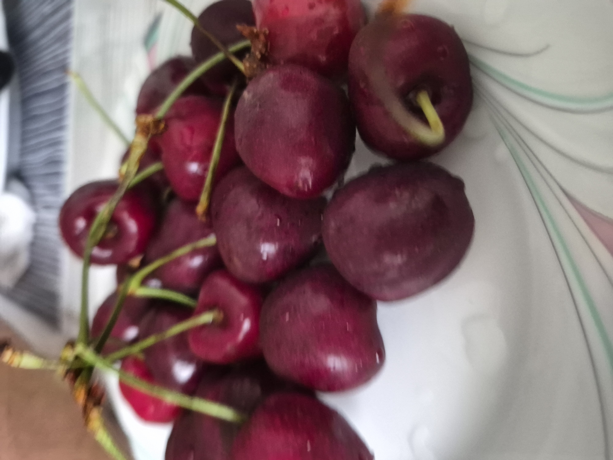 A close-up, slightly blurry, overhead shot shows a pile of dark red cherries with green stems on a white plate with a subtle pattern of green and pink lines. Some cherries have water droplets on their surfaces. The background is out of focus, showing a neutral-colored surface, possibly a tablecloth. The lighting is natural and appears to be coming from the left. There are no people visible in the image.