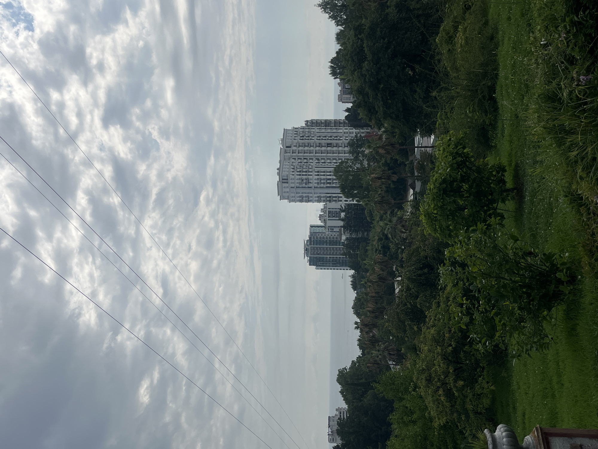This image depicts a view of the Black Sea from a slightly elevated vantage point in Sochi, Russia. In the foreground, lush green trees and grass create a natural buffer. In the middle ground, a dense line of trees, including palm trees, separates the foreground from the urban landscape. Beyond the trees, several multi-story buildings, characteristic of a coastal city, are visible. The most prominent building is a white, modern structure with numerous balconies and windows, situated to the right of center. To its left, another, slightly shorter white building stands. Further to the left, a taller, darker building with a more traditional facade is present. The buildings are positioned overlooking the calm, gray waters of the Black Sea. The sky is overcast with a textured cloud cover, suggesting a potentially moody or transitional weather day. Thin, dark lines, likely power lines or cables, are stretched across the upper portion of the frame, adding a man-made element to the natural and urban scenery. The overall impression is of a city integrated with its natural environment, viewed on a cloudy day.