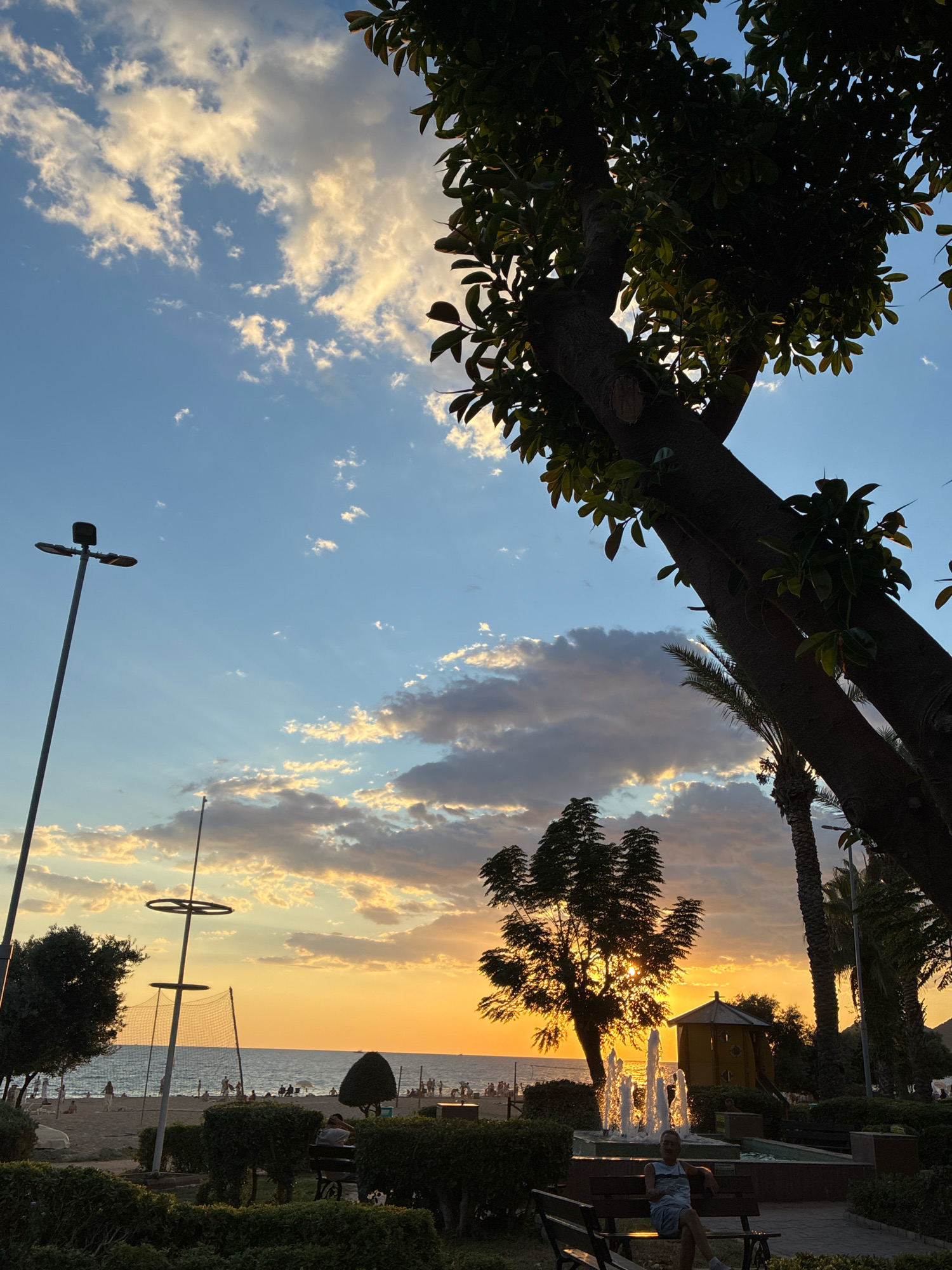 The image captures a sunset scene at a beachside park in Alanya, Turkey. The sky is a gradient of blue and orange, with scattered clouds illuminated by the setting sun. A large tree with dark green leaves dominates the right side of the frame, casting shadows over the foreground. In the middle ground, a beach with scattered people and umbrellas is visible, meeting the calm sea. A volleyball net stands on the sand, suggesting recreational activities.
In the park area, a fountain with water jets is active, and a man is seated on a park bench in front of it, facing the viewer. Further back, a small yellow structure, possibly a playground or kiosk, is partially visible behind the fountain. Palm trees and other greenery are scattered throughout the park, adding to the tropical ambiance. A tall lamppost is positioned on the left side of the image, indicating the presence of park lighting. The overall atmosphere is serene and picturesque, characteristic of a summer evening in a coastal city.