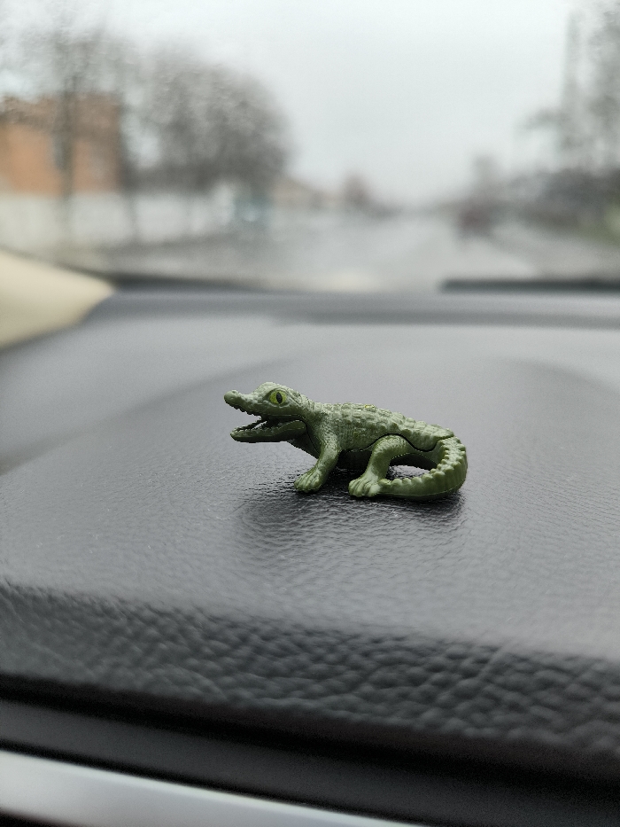 A small, dark green plastic toy depicting an alligator or crocodile with yellow eyes and an open mouth rests on a textured, dark gray vehicle dashboard. The toy faces forward, towards the vehicle's front. Through the windshield, a blurred street scene in Illintsi, Ukraine, is visible under an overcast, light gray sky. Bare trees and indistinct buildings line the sides of the road, which recedes into the distance. No individuals or active subjects are present in the frame.