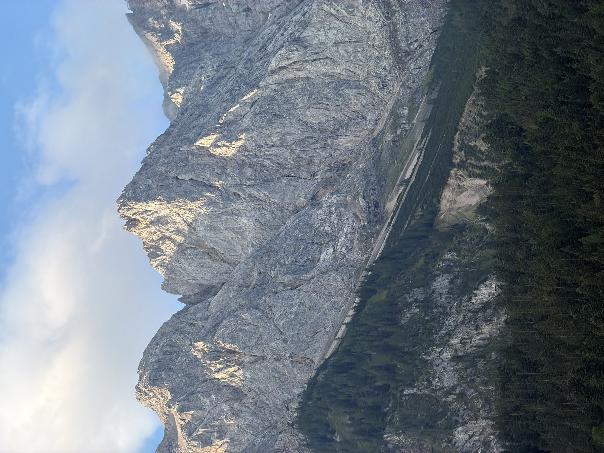 The image shows a mountain landscape in Grainau, Germany, with rugged, rocky peaks dominating the scene. The mountains are grey and appear weathered, with sharp ridges and deep crevices. Sunlight is illuminating parts of the mountains, creating strong contrasts between light and shadow. Below the rocky peaks, there is a steep slope covered in dark green coniferous trees, forming a dense forest. The trees grow up to a certain elevation, where the terrain transitions to scree slopes and exposed rock. In the background, the sky is visible with scattered white clouds against a light blue backdrop. The overall impression is one of a vast, natural mountain environment.