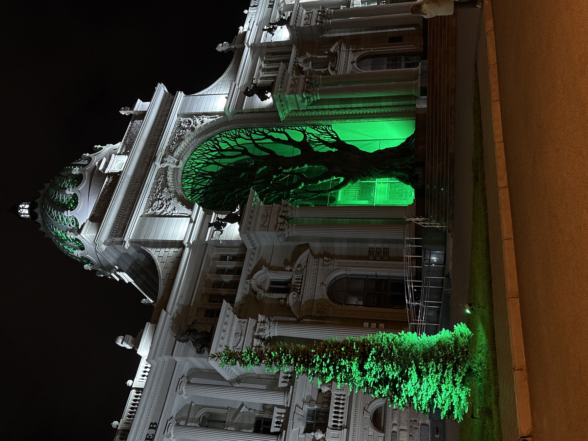This nighttime image depicts the illuminated Palace of Farmers, officially the Ministry of Agriculture and Food of the Republic of Tatarstan, located in Kazan, Russia. The large, multi-story building exhibits a grand, ornate architectural style, primarily in white or light stone, with classical elements such as numerous columns, balustrades, and decorative friezes.
A prominent central dome crowns the structure, illuminated with a vivid green light that accentuates its intricate latticework design. Below the dome, a colossal arched entrance dominates the center of the building. Within this archway, a large, bare tree silhouette, with extensive branches, is displayed against a bright green illuminated background, giving the impression of an internal glowing arboreal feature. The building's roofline and other sections feature various statues, including several figures on horseback. Partial Cyrillic text, reading "ЕВ," is visible on the upper-left section of the facade.
In the foreground, to the left of the main entrance, a tall, slender coniferous tree stands, brightly illuminated from its base by green spotlights. The ground immediately in front of the building includes a paved walkway, a strip of green grass, and a series of wide steps leading up to the entrance. The road in the immediate foreground is paved with asphalt and has an orange cast from ambient lighting. On the far right, a single individual is partially visible from the waist up, facing away from the camera, wearing a light-colored jacket. The sky is dark and featureless.
