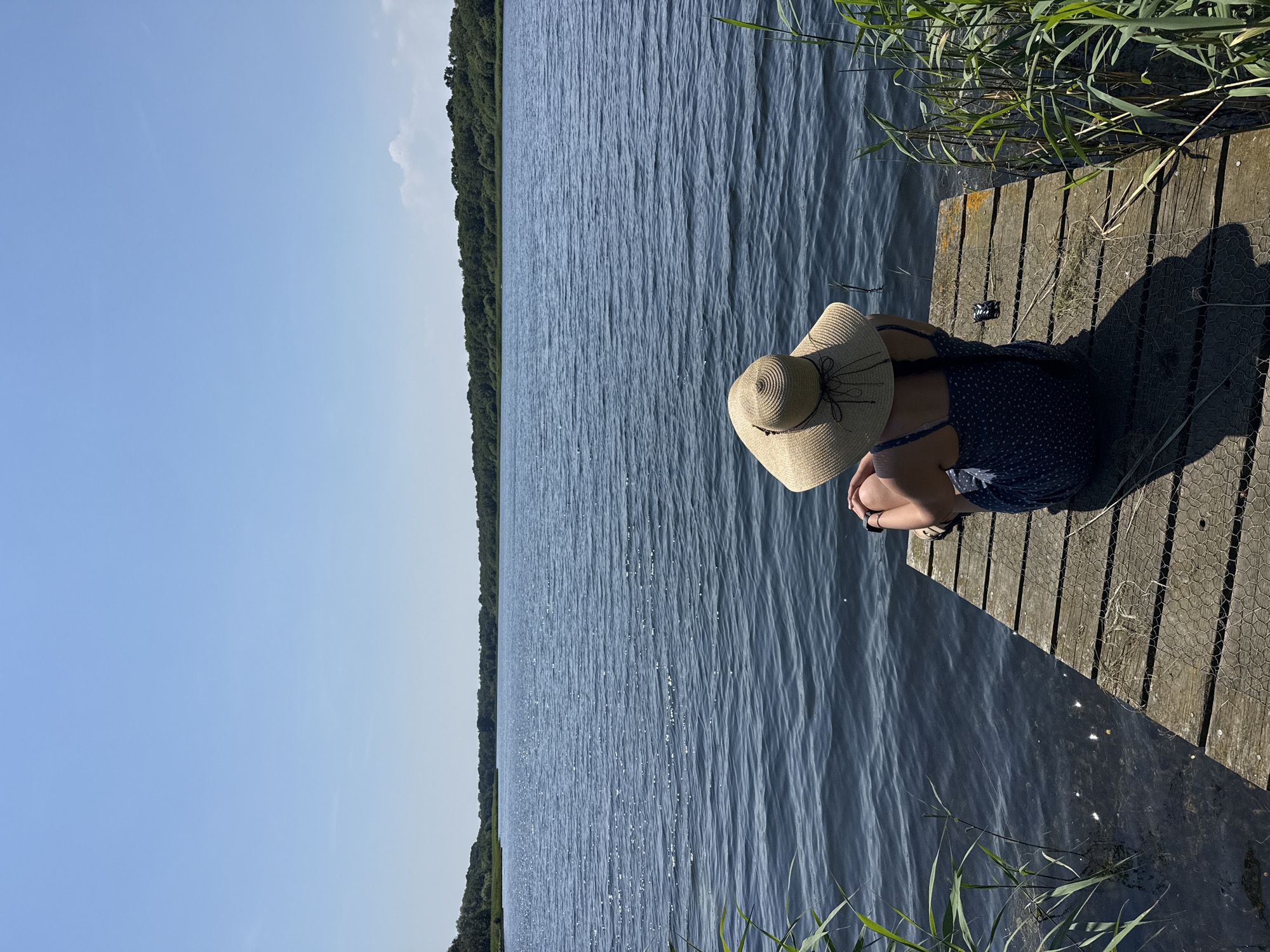 A person wearing a wide-brimmed straw hat and a dark blue dress with white polka dots sits on a wooden pier next to a body of water. The person is facing away from the camera, looking out at the water. The pier is made of weathered wooden planks and is partially covered by a wire mesh. Green reeds grow along the edge of the water. The water is rippled and reflects the sunlight. In the distance, a tree line forms the far bank of the lake. The sky is a clear, bright blue with a few scattered clouds. The scene suggests a peaceful, sunny day. The image appears to have been taken in the afternoon, given the quality of the light.