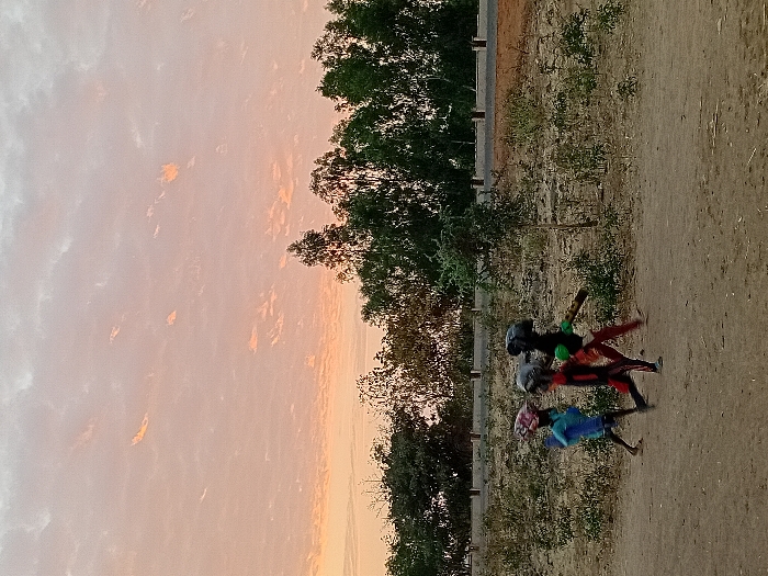 At sunset, three children are walking along a dirt path alongside a grassy area, likely a roadside. The child in the front wears a blue shirt and headscarf. The middle child wears a patterned pink shirt. The rear child wears a black shirt and helmet, carrying what appears to be a stick. The sky is filled with orange and pink tinted clouds, and trees line the horizon.