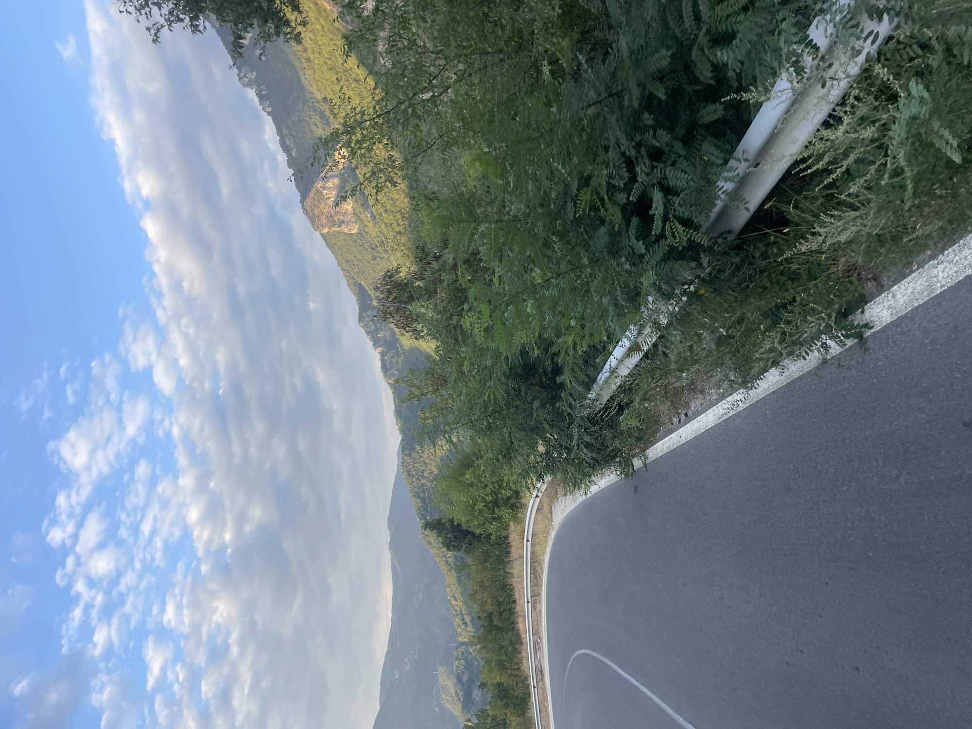The image depicts a scenic mountain road with a sharp curve. The road is asphalt with a white line marking the lane. On the right side of the road, there is a white metal guardrail overgrown with lush green vegetation. Beyond the guardrail, dense trees and shrubs fill the foreground. In the background, rolling green mountains extend into the distance, their peaks partially obscured by a hazy sky with scattered clouds. The lighting suggests it is either early morning or late afternoon, with soft sunlight illuminating the mountain slopes. The location is identified as a mountain road in Yugovo, Bulgaria. There are no people or animals visible in the image.
