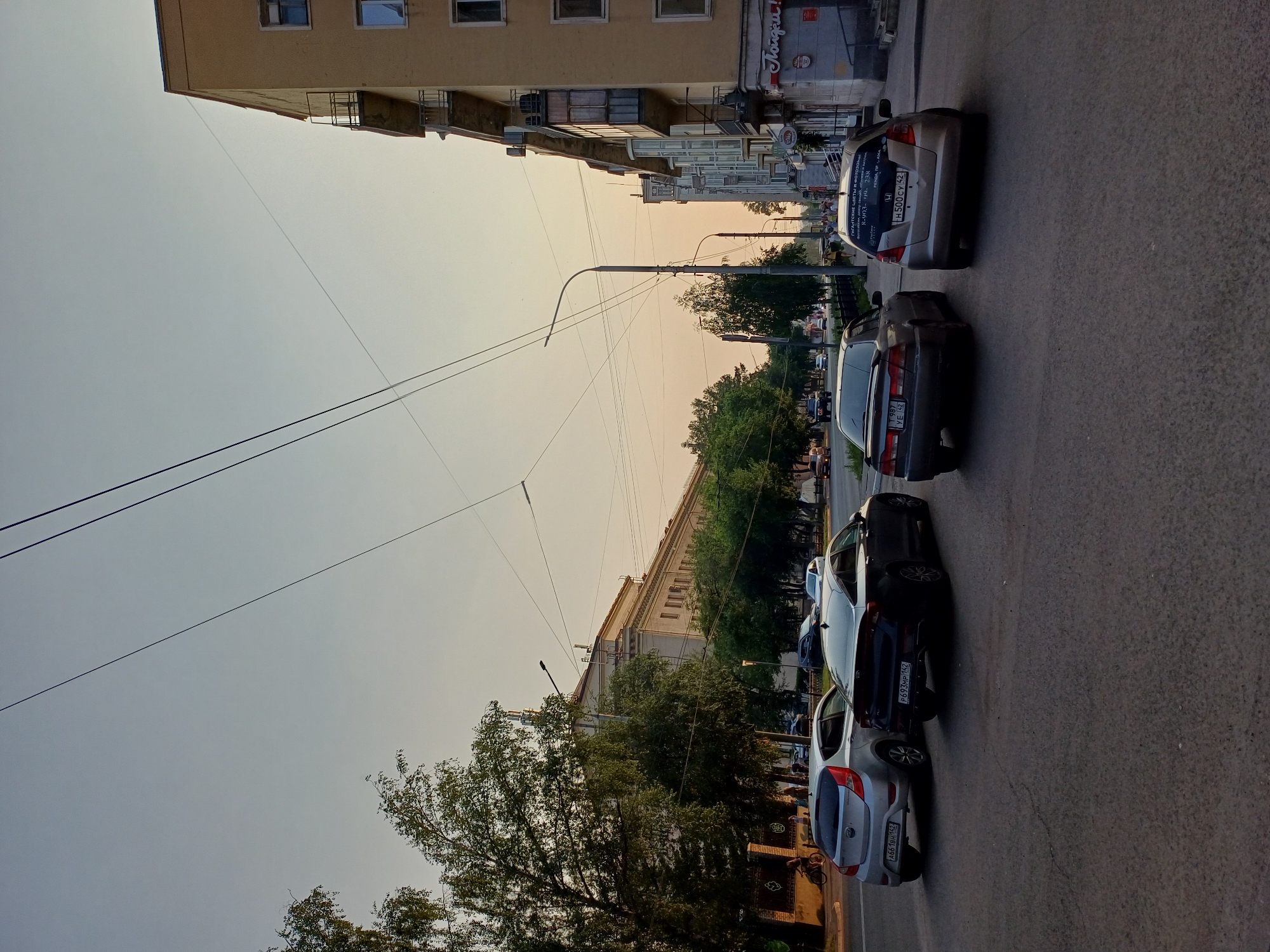 The image depicts a street scene in an urban environment, likely during the golden hour as indicated by the warm light. Several cars are parked or stopped on the asphalt road. On the left side of the street, a light-colored sedan is parked. Next to it, a darker sedan is also parked. Further down the street, more cars are visible. The background features a multi-story building with a yellow facade on the right, and on the left, a long, light-colored building with many windows. Trees with lush green foliage line the street between the road and the buildings. Power lines are visible crisscrossing the sky above the street. A few people can be seen walking on the sidewalk in the distance. The overall impression is a typical city street scene with vehicular and pedestrian traffic.