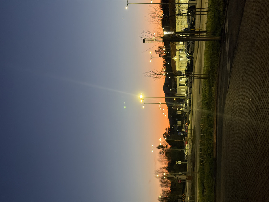 An outdoor scene in Penafiel, Portugal, is depicted at dusk or sunset, characterized by a sky gradient transitioning from deep blue overhead to a vibrant orange-red near the horizon. The foreground consists of a dark, paved surface, likely a road or parking lot entrance, separated by a narrow strip of dark green grass and several young, bare-branched trees.
In the midground, a multi-lane road segment or intersection is visible on the left, featuring a tall brown signpost, a white circular traffic sign with a red border and diagonal line, and a "50" speed limit sign. Beyond this, a dense line of trees with green foliage ascends a gentle slope. To the right, a parking lot contains approximately twenty parked passenger vehicles of various makes and colors. Adjacent to the parking lot are several single-story buildings with light-colored facades and pitched reddish-brown roofs, indicative of commercial or administrative use. One building prominently displays "ANEL NOGUEIRA" on its facade.
The scene is illuminated by numerous tall streetlights emitting a bright yellow glow, casting light across the parking area and buildings. A prominent lens flare originates from the lower right, extending diagonally upwards, accompanied by two smaller, distinct green circular flares. The background reveals distant hills or mountains silhouetted against the vivid orange sky, sparsely covered with trees. No individuals or active interactions are observed within the frame; the scene is static.