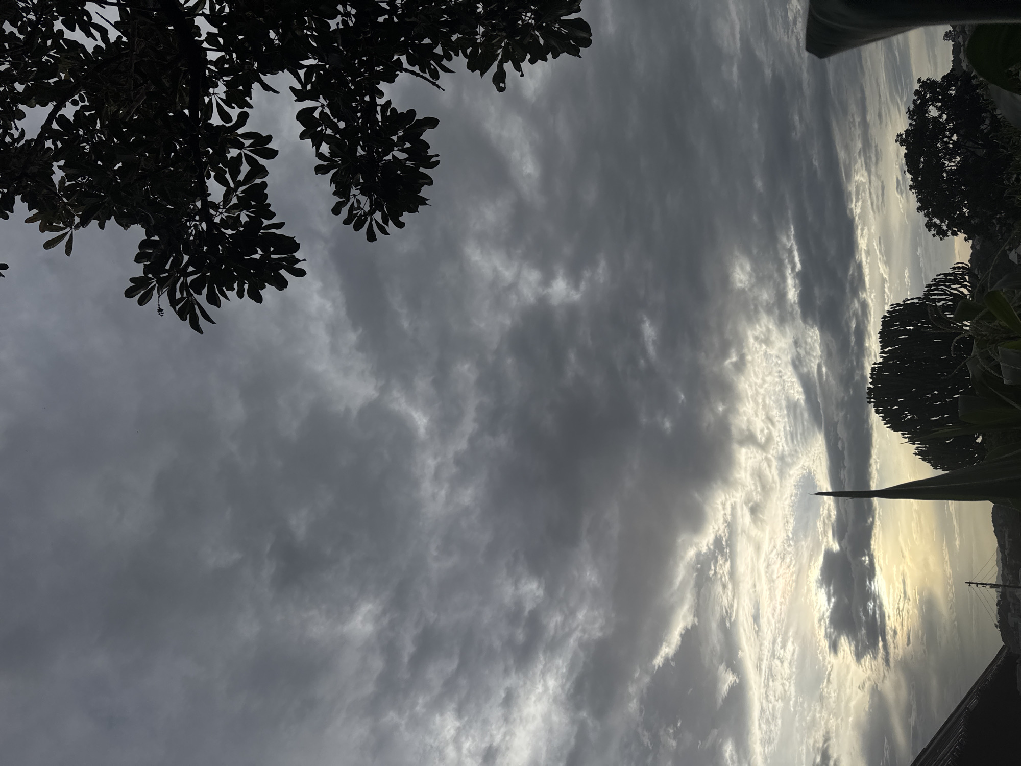 The image shows a cloudy sky with patches of sunlight breaking through. In the foreground, silhouetted against the sky, are the branches of a tree with dark green leaves on the right side. On the left side of the image, a roofline of a building is visible. In the background, silhouettes of trees and buildings can be seen against the horizon. The overall mood of the image is somewhat overcast and subdued due to the heavy cloud cover. The image appears to be taken from a vantage point looking upwards towards the sky. The location is Unknown, Unknown.