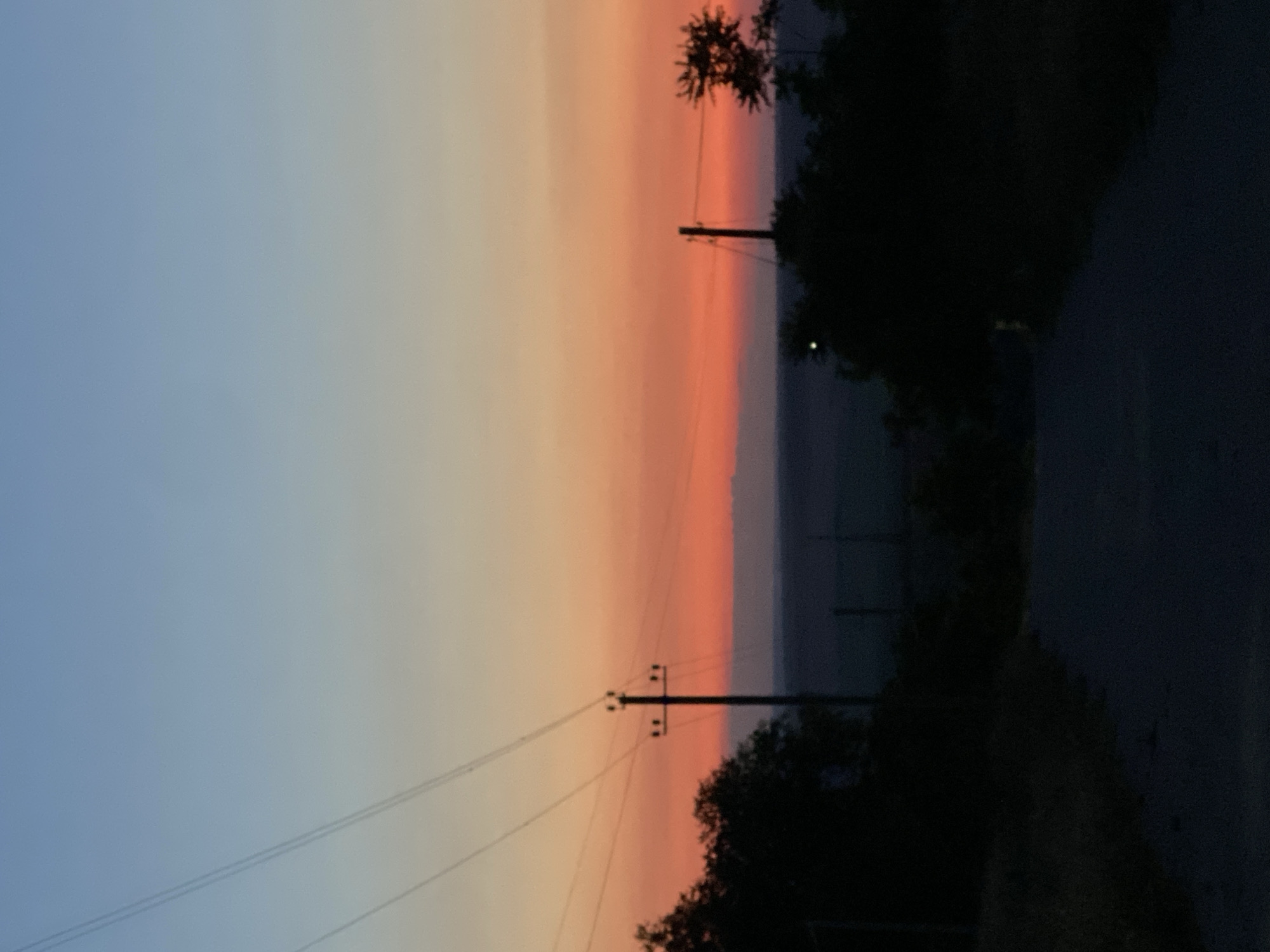 The image depicts a serene sunset scene in Cairaclia, Moldova. The sky is a gradient of soft blues and oranges, transitioning into a vibrant red hue near the horizon. Silhouetted against this colorful sky are utility poles with power lines crisscrossing the frame, characteristic of rural landscapes. Dense, dark foliage frames the bottom of the image, with trees and bushes creating a natural border. A dark, unpaved road or path leads into the foreground, suggesting a rural or semi-rural setting. In the distance, a faint line of mountains or hills is visible under the colorful sky, adding depth to the landscape. The overall impression is one of peaceful twilight in a quiet Moldovan locale.