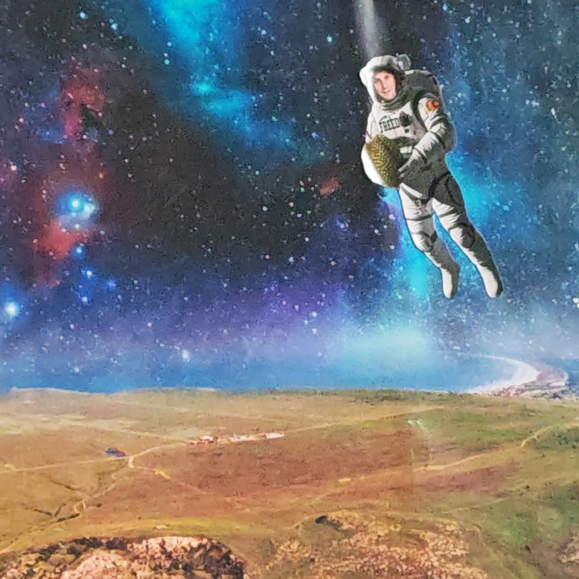 A male astronaut floats in space, holding a durian. He is positioned over a vast, grassy landscape with a coastal town in the background. The upper portion of the image features a star-filled nebula. The location appears to be a scene from a collage and does not depict a real city in Rostov, Russia.