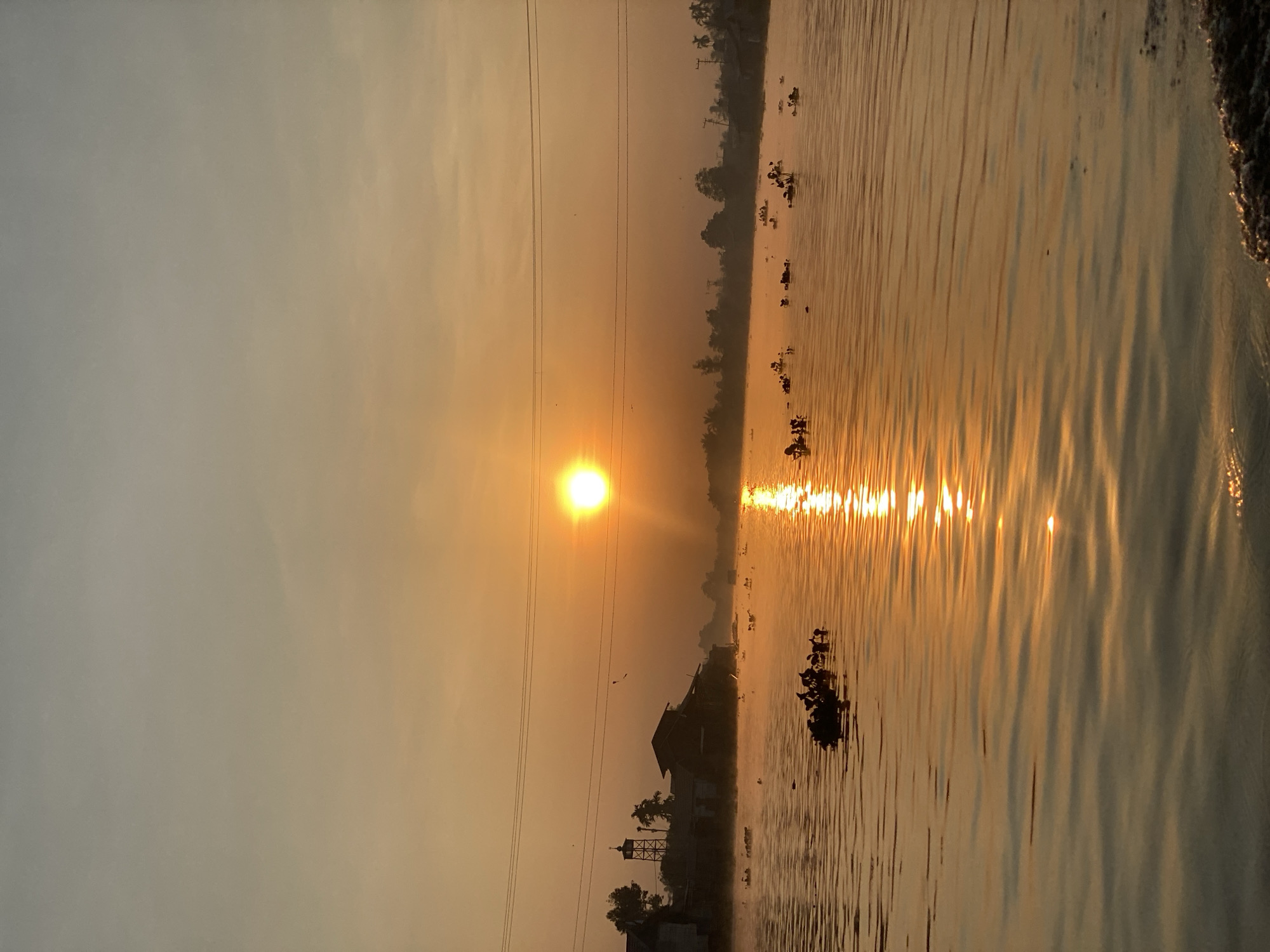 The image depicts a serene sunrise over the Sungai Tandipah river in Indonesia. The sun, a bright orb, is positioned in the upper center of the frame, casting a golden glow across the water and the hazy sky. The river's surface is calm, reflecting the sunlight and creating a shimmering path. Several clusters of dark, leafy vegetation float on the water, adding a touch of green to the warm tones of the scene. In the background, along the left bank of the river, silhouetted buildings and trees are visible, suggesting a small settlement. A tall, slender structure, possibly a minaret or a tower, stands out among the buildings. A few faint specks, possibly birds or insects, are scattered in the sky. Two parallel power lines stretch across the upper portion of the image. The overall atmosphere is peaceful and tranquil, characteristic of an early morning in a riverside community.