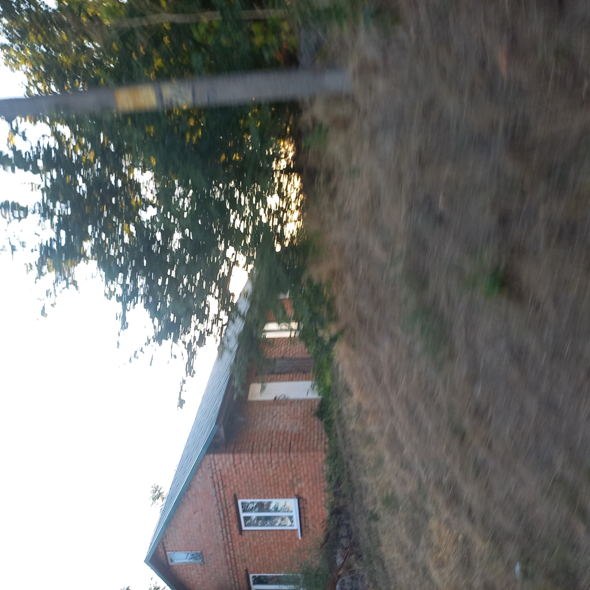 The image depicts a brick house with a metal roof and white-trimmed windows. A white door is visible on the side of the house. The house is surrounded by dry grass and vegetation, with trees in the background. A utility pole is also present on the right side of the frame. The scene appears to be a rural or suburban area, likely in Klyntsi, Ukraine, given the prompt's context. The image is slightly blurred, suggesting movement during capture. There are no people visible in the image. The sky is bright, indicating daylight.