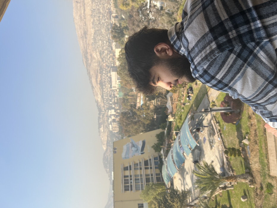 An elevated view captures a young male in the foreground, situated on an unseen structure, likely a balcony, within Al-Qanawat Municipality, Syria. The male, positioned in the lower right, is depicted in profile, facing towards the right side of the frame. He has dark hair and a beard, and wears a blue and white plaid shirt. Direct sunlight illuminates the left side of his face.
In the midground, a multi-story yellow building with multiple windows and a large blue and white mural on its facade is visible on the left. Below this building and extending horizontally across the midground is a landscaped area featuring green grass, trees including a palm tree, and bushes. A long, light blue-roofed structure covers a section of this ground, and several small figures are discernible in the distance within the landscaped zone.
The background consists of a sprawling cityscape with numerous buildings, set against a backdrop of arid, light brown mountains under a clear blue sky. The scene is brightly lit by sunlight.