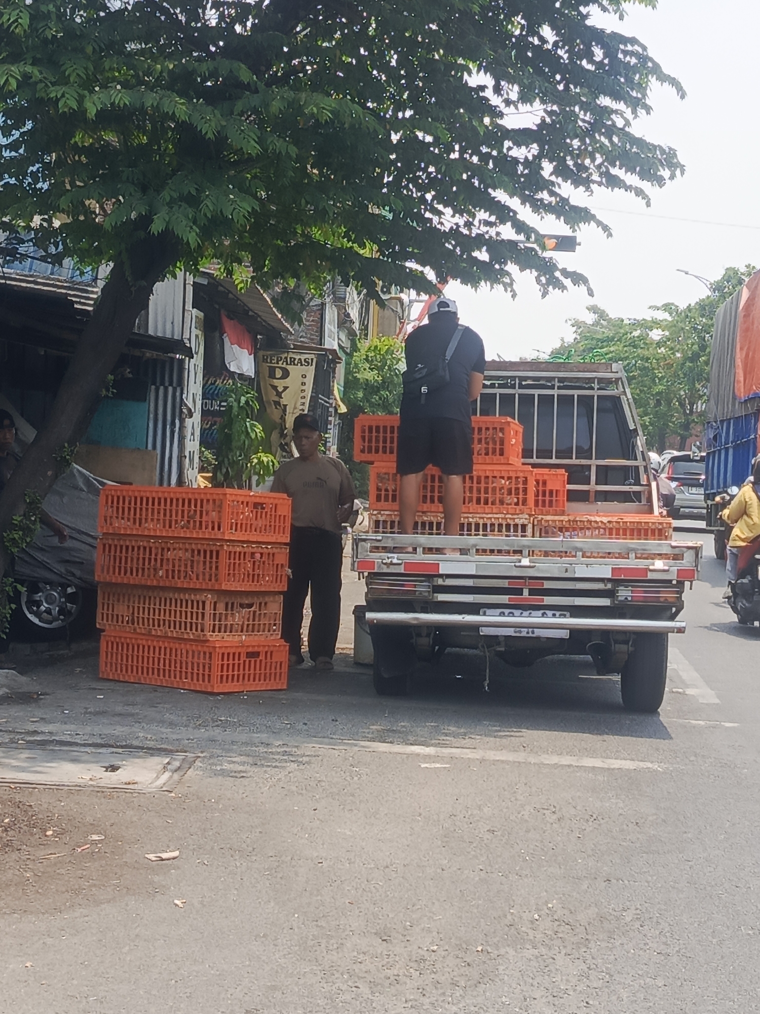 A man stands on a flatbed truck loaded with orange plastic crates. The truck is parked on a paved street in Surabaya, Indonesia, under a large tree. The crates are stacked several high and appear to be empty or contain light cargo. The man is wearing a black t-shirt, black shorts, and a white baseball cap. He has a black shoulder bag. Another man in a brown t-shirt and black pants stands next to a stack of crates on the sidewalk. Behind him, a building with a corrugated metal roof has a sign that reads "REPARASI DIY". The scene is outdoors during daylight, with a traffic light visible in the background.