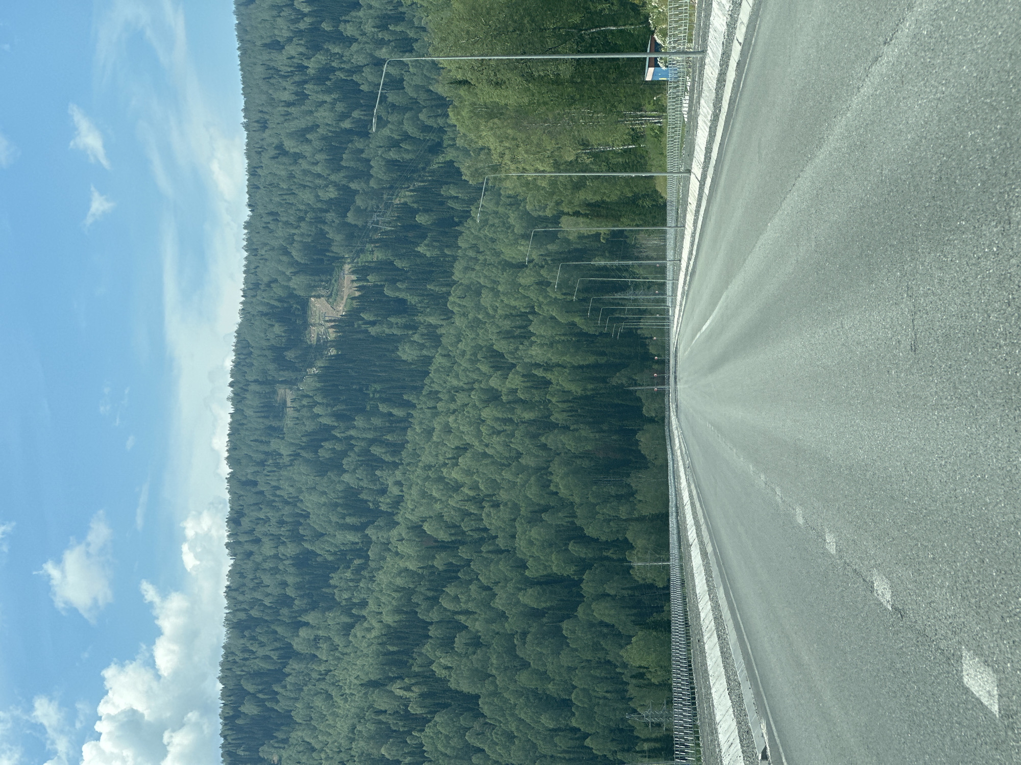 This is a vertical, eye-level, medium shot of a road next to a dense forest in Sheregesh, Russia. The road takes up the right half of the frame, with a white line marking the lane. On the left side of the road, a metal fence runs along the edge, followed by a steep incline covered in a thick, green forest. The forest extends to the horizon, where it meets a bright blue sky with scattered white clouds. The lighting suggests it is daytime, and the weather appears to be clear and sunny. The scene conveys a sense of openness and natural beauty. There are no people visible in the image. Several streetlights are spaced out along the fence on the left side of the road, suggesting it's a well-maintained route, possibly a highway or a road in a resort area.