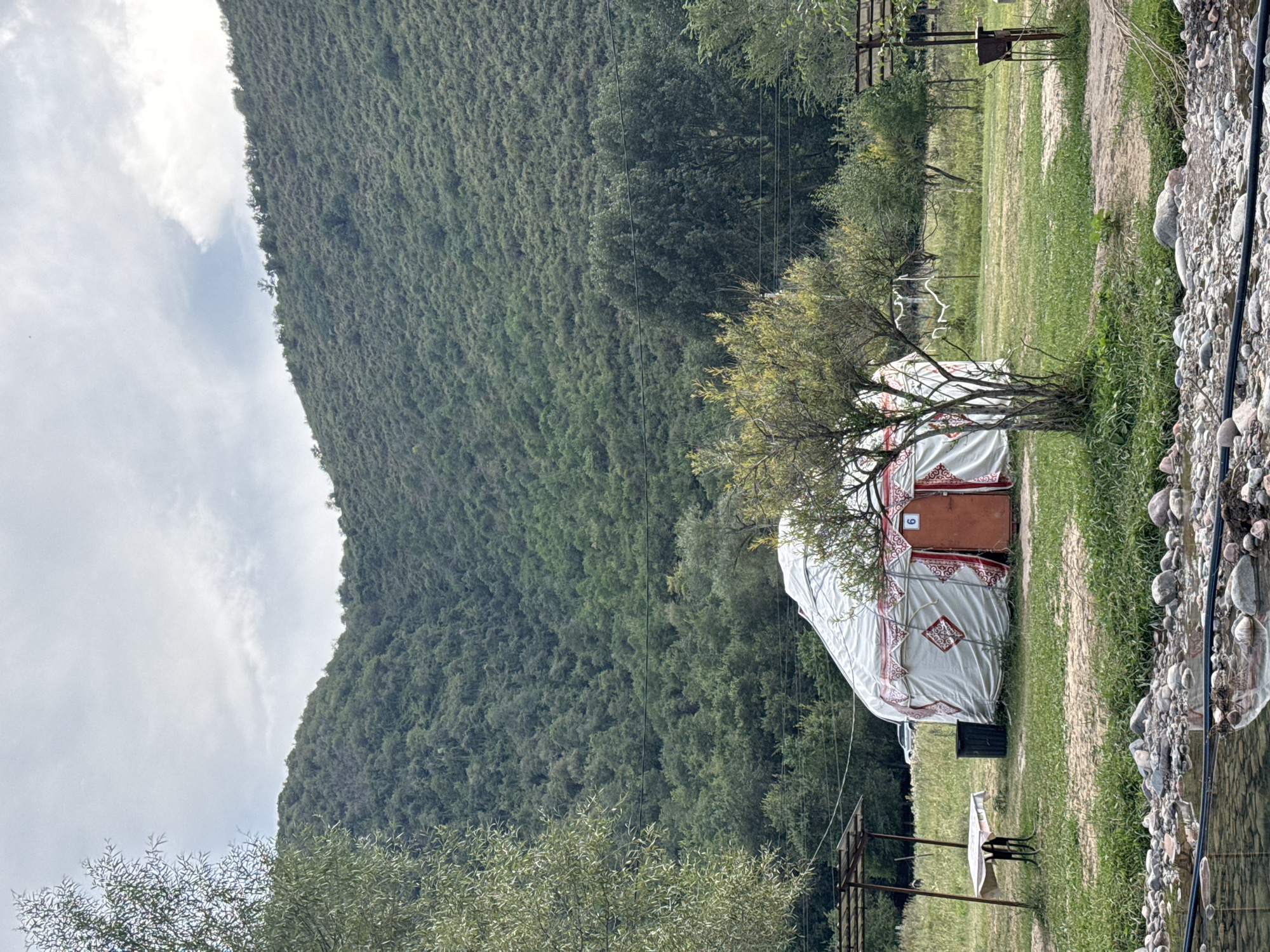 A wide shot shows a yurt with a red door and a number 6 on it, situated in a grassy field. The yurt has red and white patterned trim. To the left of the yurt, a metal table with a white tablecloth is set up under a shaded structure. A black trash can is next to the yurt. In the foreground, a shallow stream with visible rocks flows across the bottom of the image. Behind the yurt and table, trees and a dense, green hillside covered in vegetation rise up to meet a cloudy sky. The overall scene suggests a rural or campsite setting, potentially in the city of Leskhoz, Kazakhstan.