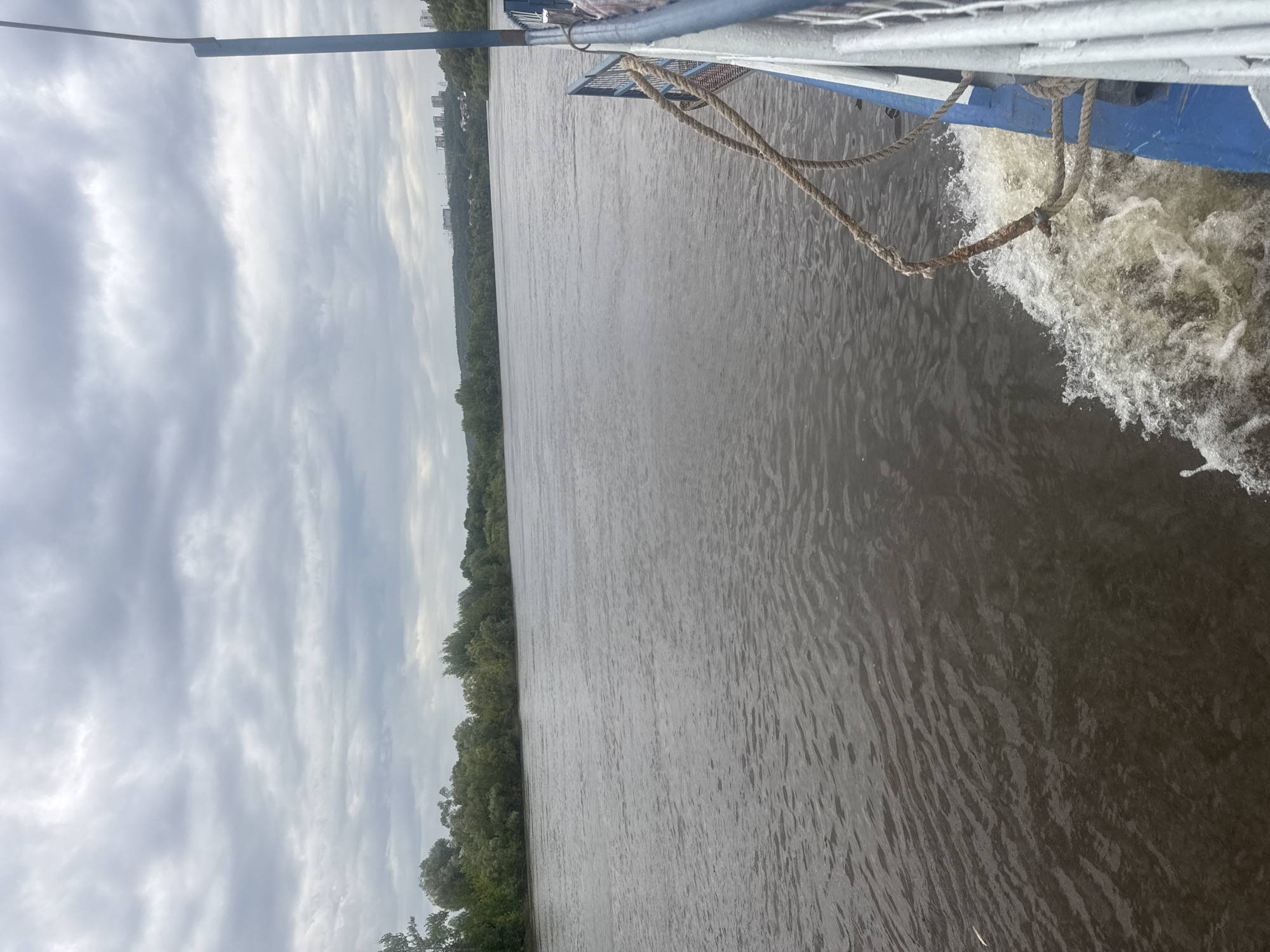 The image depicts a view from a boat moving along a wide river, likely the Belaya River in Ufa, Russia. The sky is overcast with heavy, grey clouds. The river water is a dark, murky brown with visible ripples and a white wake trailing from the boat on the right side of the frame. The left bank of the river is lined with a dense strip of green trees. In the distance, along the horizon, are several modern multi-story buildings, indicating an urban area. The right side of the image shows the railing and part of the deck of the boat, with a thick, weathered rope secured to it. The overall atmosphere is muted and slightly overcast, suggesting a cloudy day.