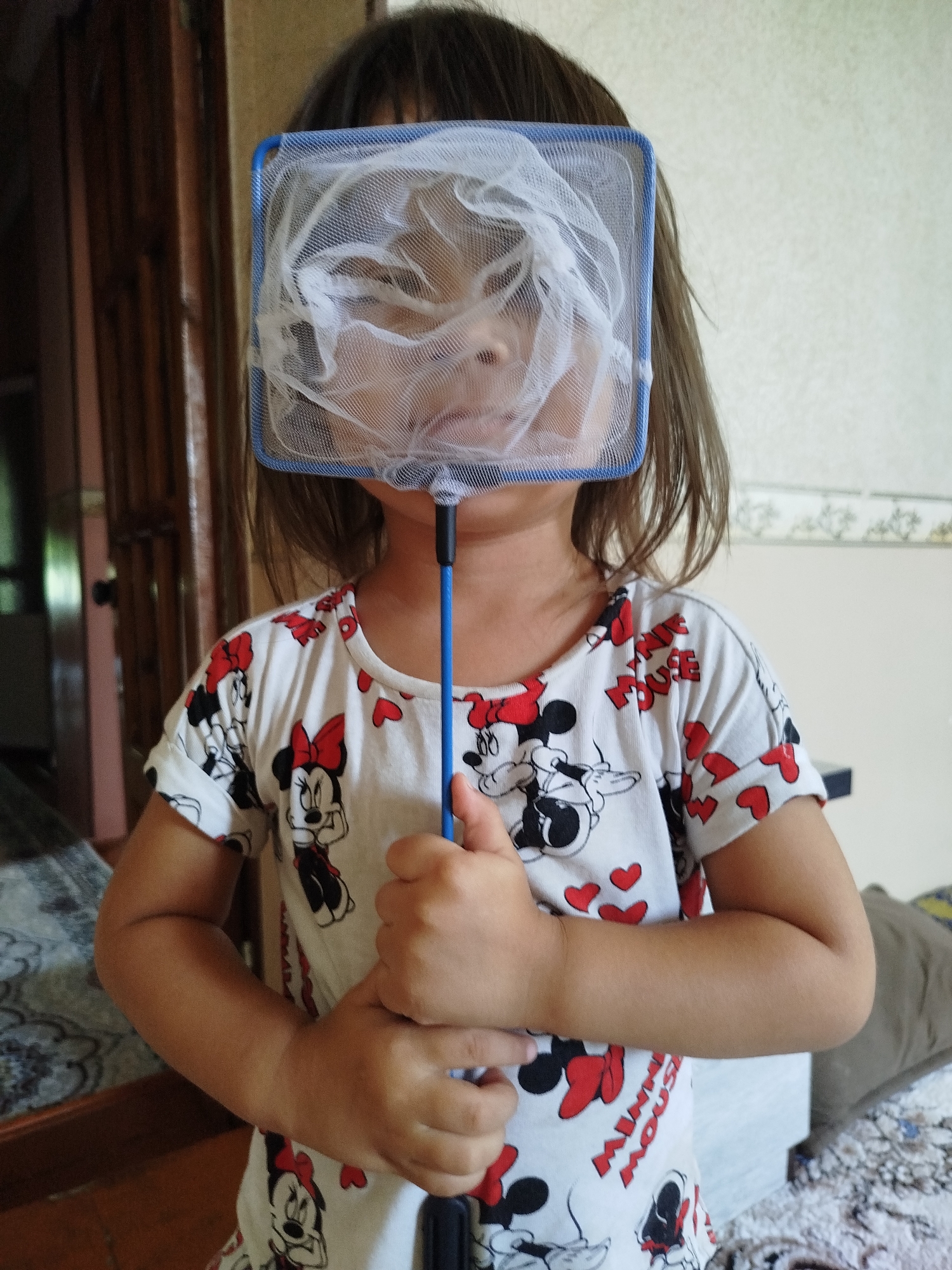 In Kokand City, Uzbekistan, a young child, their face obscured by a white net on a blue-handled scoop, stands indoors. The child is wearing a white t-shirt adorned with a pattern of Minnie Mouse characters and red hearts. They are holding the scoop with both hands. The background features a wooden door on the left and a wall with a decorative border on the right.