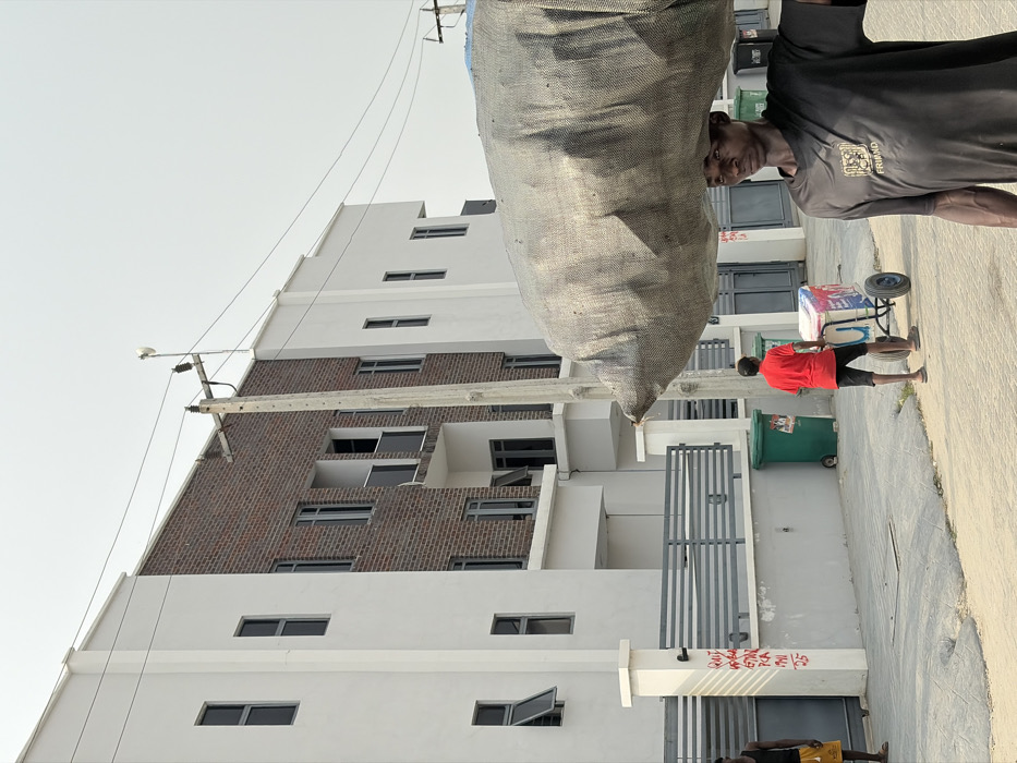 A man carries a large burlap sack over his shoulder, obscuring a building. A man in red pulls a cart with boxes. A green trash bin is visible. The building has a mix of white and brick exteriors. Dark-framed windows are spaced across the building's facade. An open window is on the bottom left. Utility poles and lines are above. Another person is partly visible in the lower right.