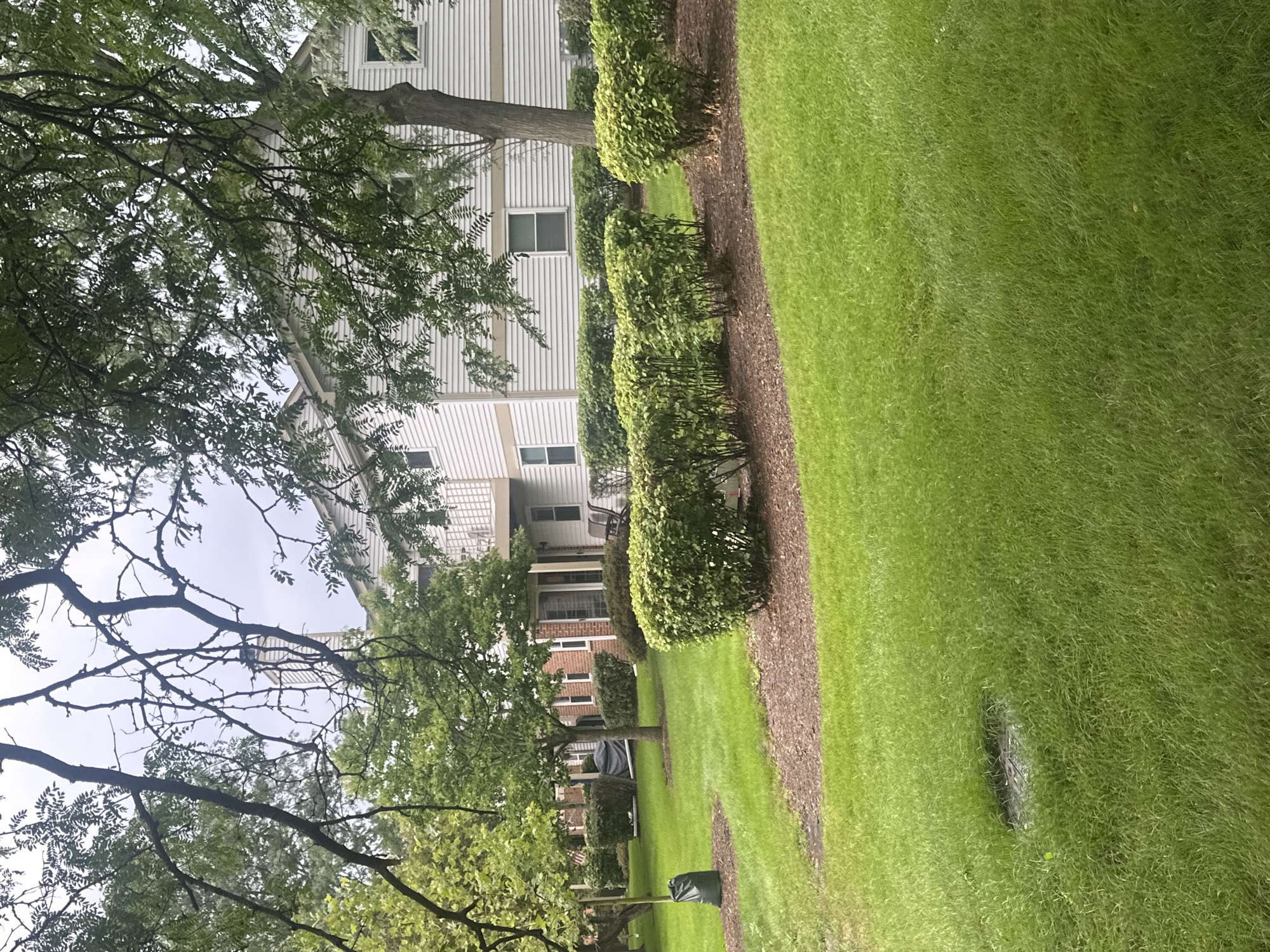 The image depicts an outdoor scene with a building and a grassy lawn. The building appears to be a residential complex, possibly townhouses or apartments, with white siding and multiple windows. There are trees with green foliage and some bare branches in the foreground and around the building, suggesting it might be late spring or early fall. A well-maintained lawn with some visible mulch beds surrounds the building. A black trash bag is situated on the left side of the frame, near a tree. The sky is overcast, indicating a cloudy day. The scene is located in Schaumburg, Illinois, United States of America.