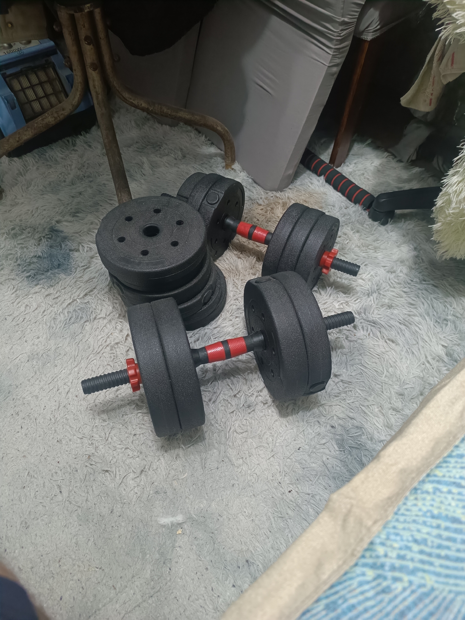 The image shows a pair of adjustable dumbbells on a shag rug. The dumbbells have black weight plates and red collars, with black handles. To the left of the dumbbells is a stack of additional black weight plates. In the background, partially visible, is the leg of a metal table and the corner of a grey upholstered piece of furniture. A rolling office chair with red and black accents is also visible in the background. The environment appears to be indoors, likely a home setting.