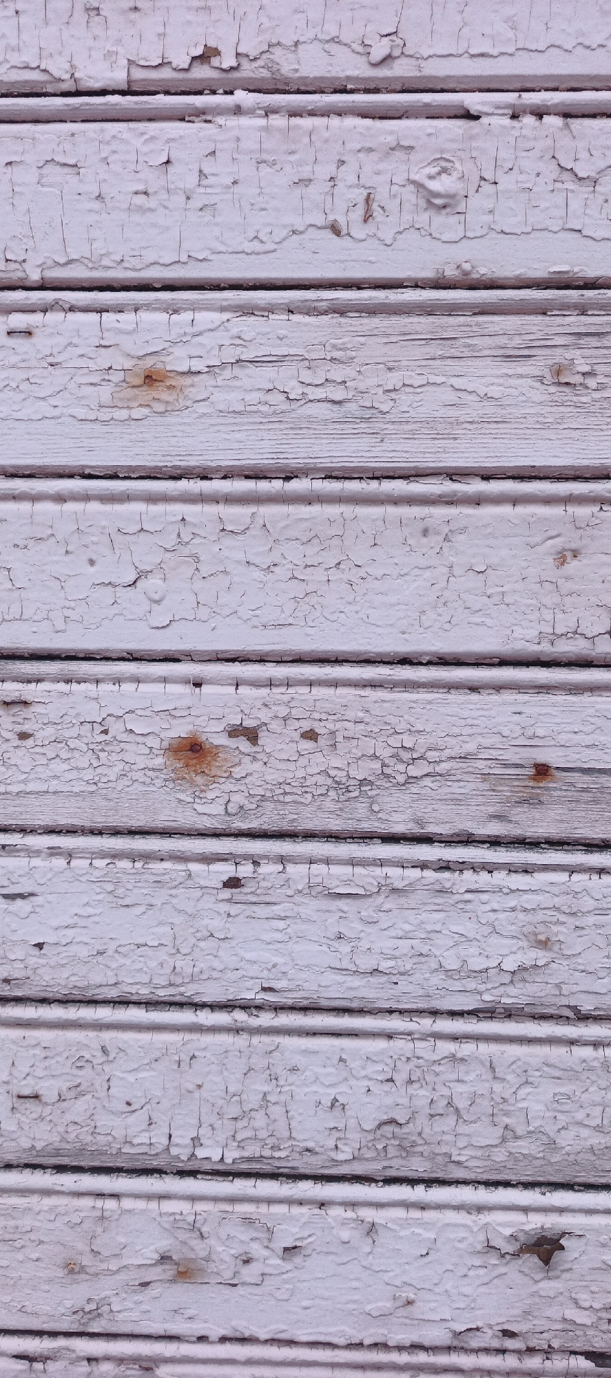 This image presents a vertical, close-up view of a weathered wooden surface, located in Nar'yan-Mar, Russia. The surface consists of approximately ten horizontal wooden planks, painted a faded, light hue, primarily white or a pale, desaturated pink. The paint is severely distressed, exhibiting extensive cracking, chipping, and peeling across the entire visible area. Fragments of the upper paint layer have flaked off, revealing underlying darker layers or raw wood beneath. Multiple rust-colored stains are present on various planks, indicating oxidation from metal fasteners or moisture exposure; notable rust spots appear on the third plank from the top and the fifth plank from the top. The texture of the surface is rough and irregular due to the degradation of the paint. No individuals, explicit actions, interactions, or broader environmental elements beyond this textured wooden surface are depicted.